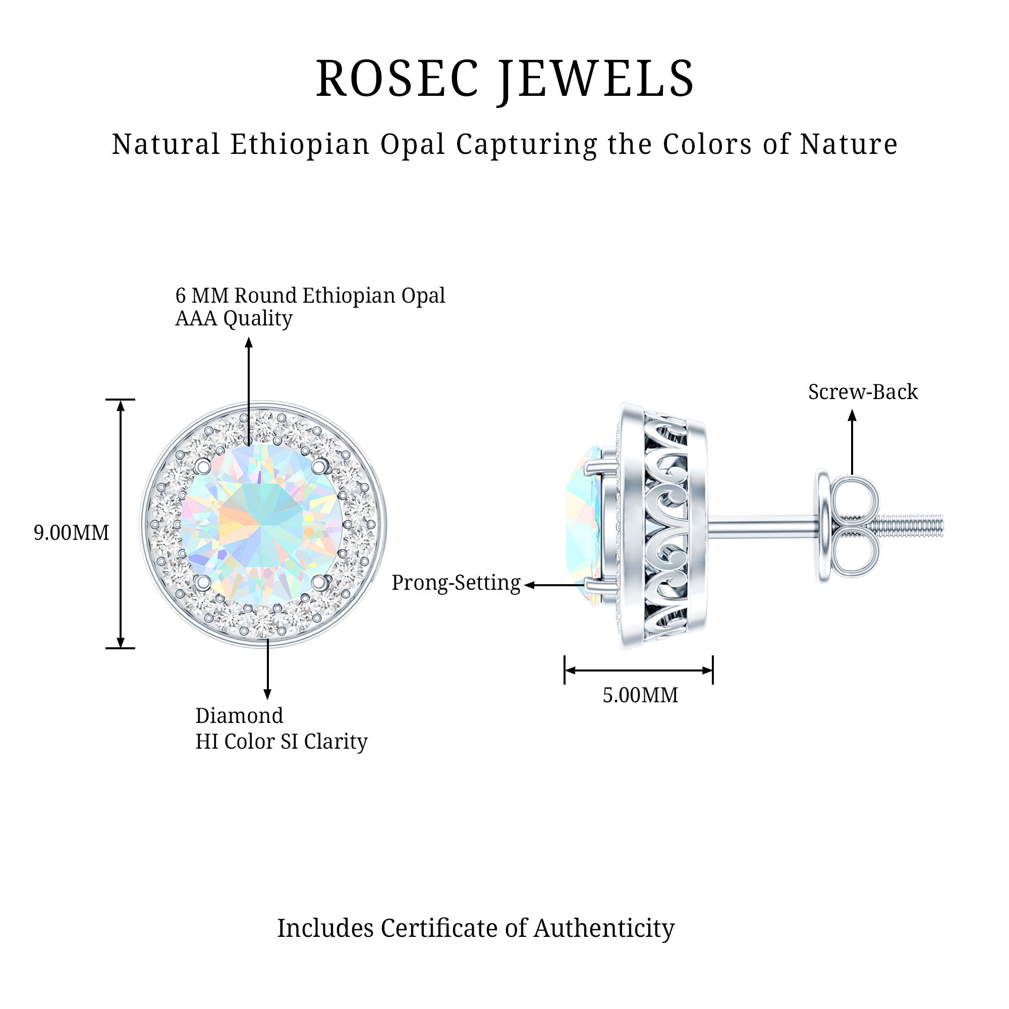 1.6 Carat Round Ethiopian Opal and Diamond Halo Stud Earrings AAA - Rosec Jewels