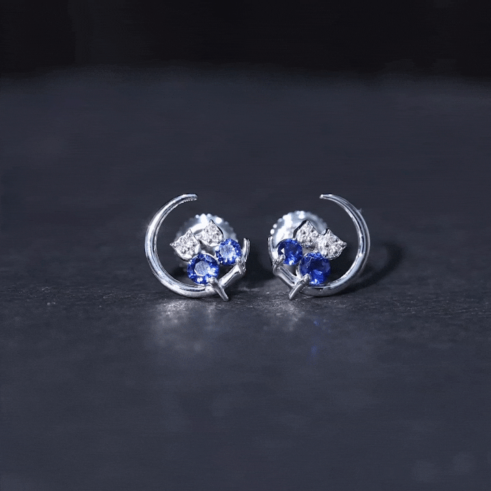 Lab Grown Blue Sapphire and Diamond Cat and Moon Stud Earrings AAAA - Rosec Jewels