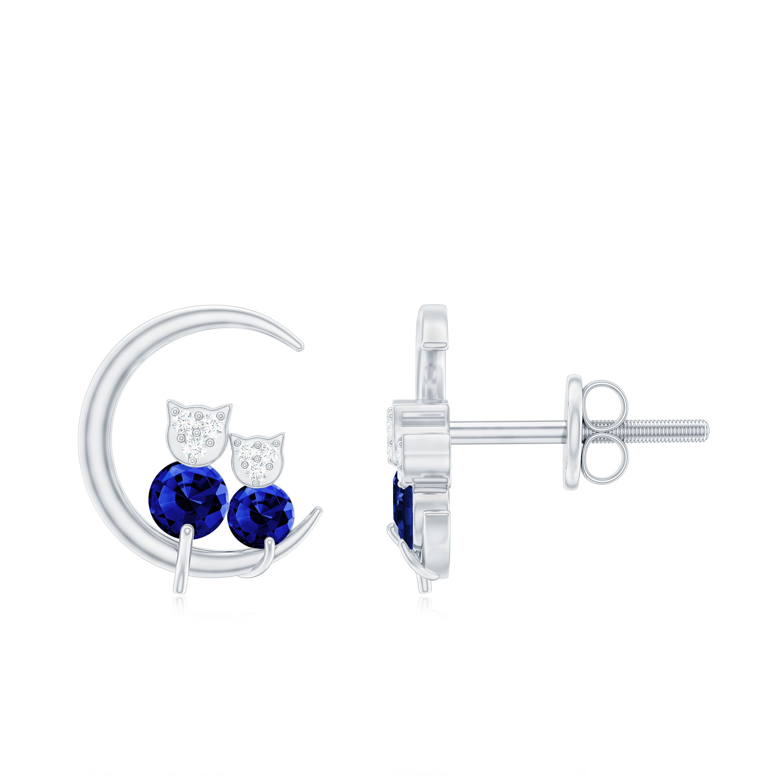 Lab Grown Blue Sapphire and Diamond Cat and Moon Stud Earrings AAAA - Rosec Jewels