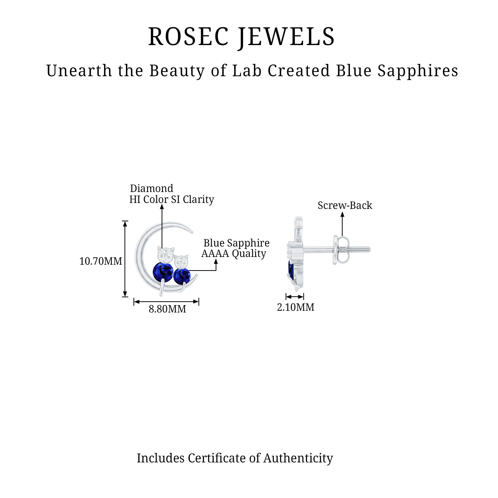 Lab Grown Blue Sapphire and Diamond Cat and Moon Stud Earrings AAAA - Rosec Jewels