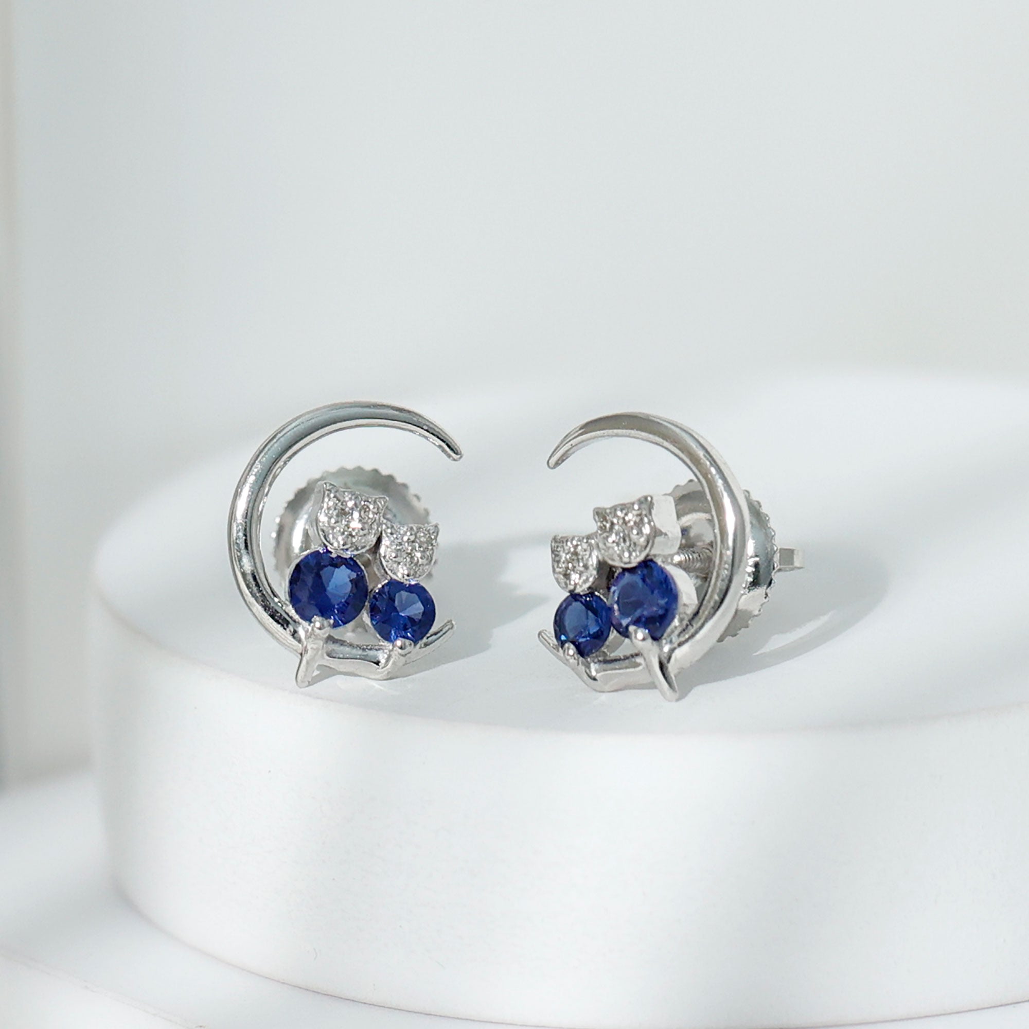 Lab Grown Blue Sapphire and Diamond Cat and Moon Stud Earrings AAAA - Rosec Jewels