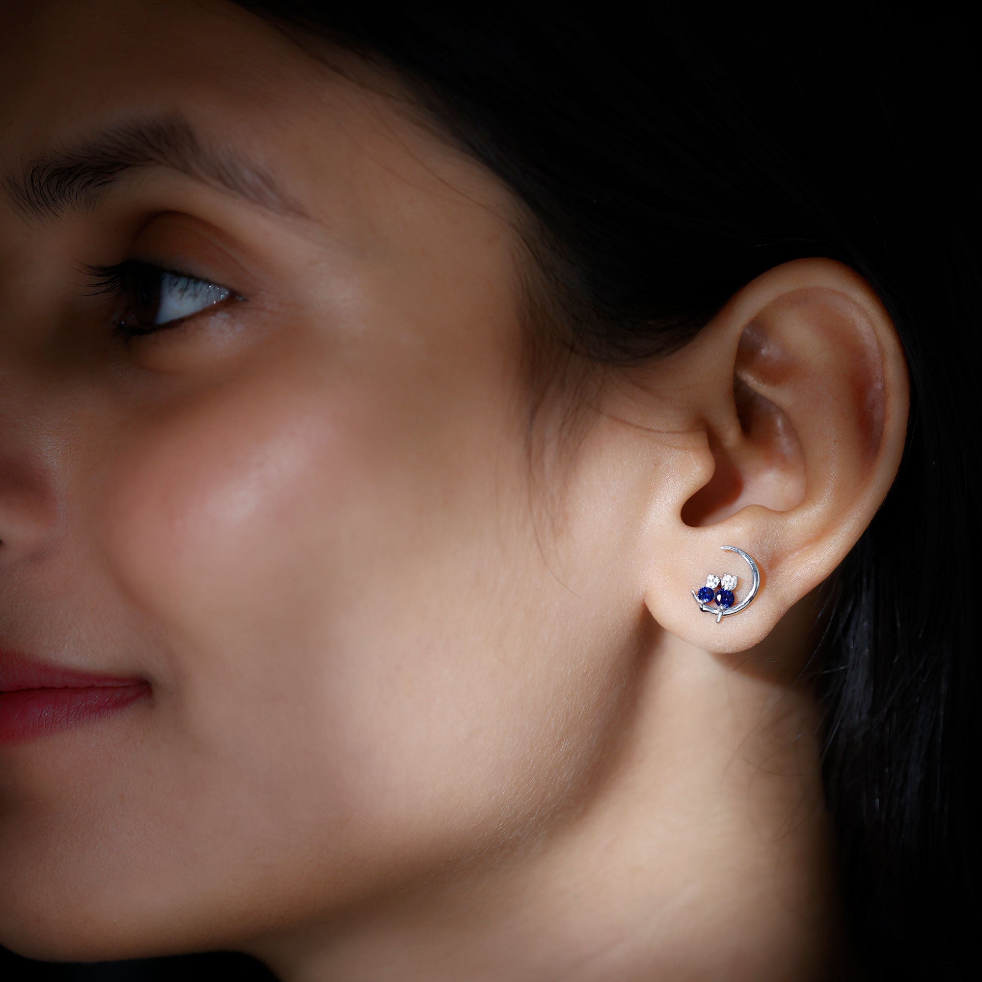 Lab Grown Blue Sapphire and Diamond Cat and Moon Stud Earrings AAAA - Rosec Jewels
