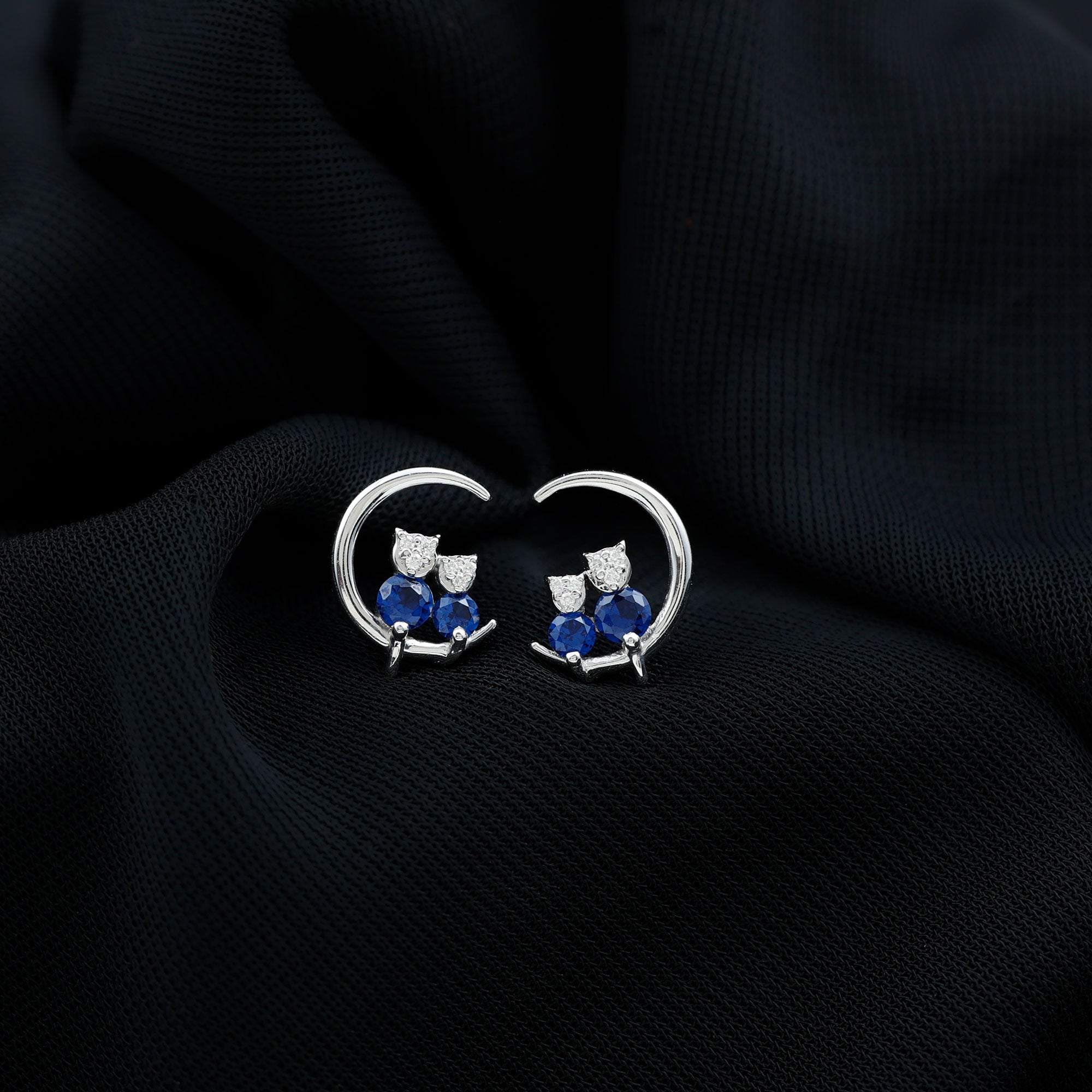 Lab Grown Blue Sapphire and Diamond Cat and Moon Stud Earrings AAAA - Rosec Jewels