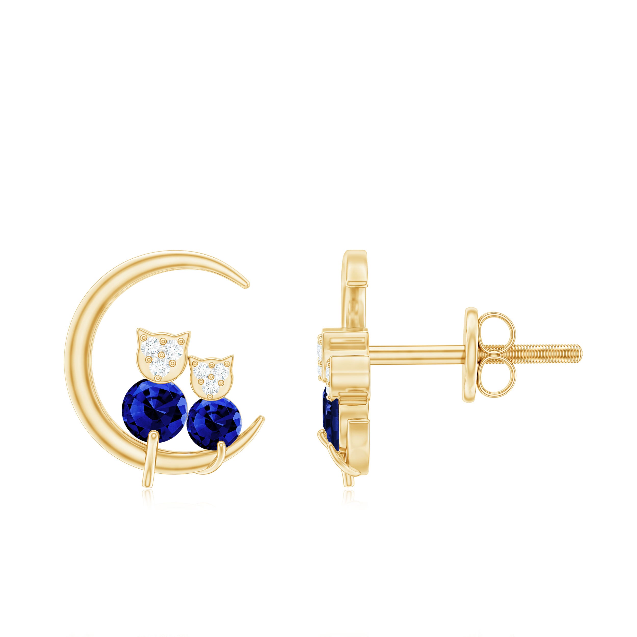 Lab Grown Blue Sapphire and Diamond Cat and Moon Stud Earrings AAAA - Rosec Jewels