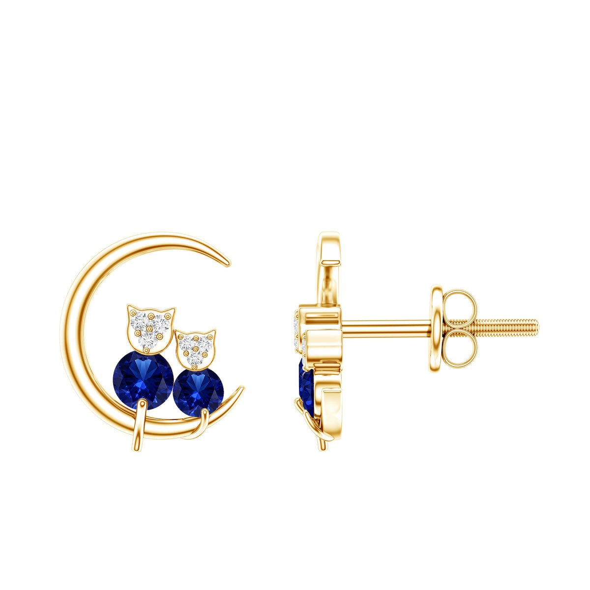 Lab Grown Blue Sapphire and Diamond Cat and Moon Stud Earrings AAAA - Rosec Jewels
