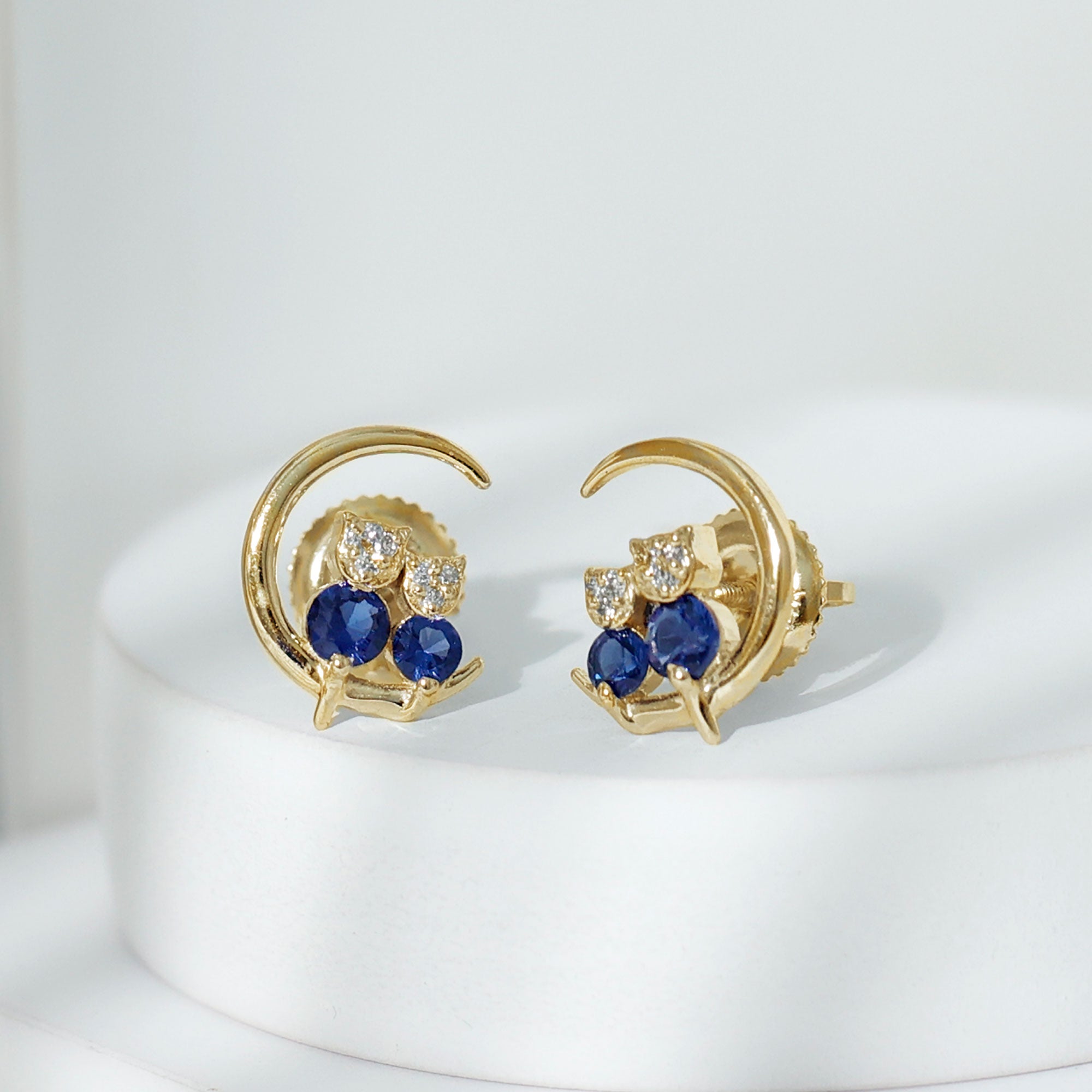 Lab Grown Blue Sapphire and Diamond Cat and Moon Stud Earrings AAAA - Rosec Jewels