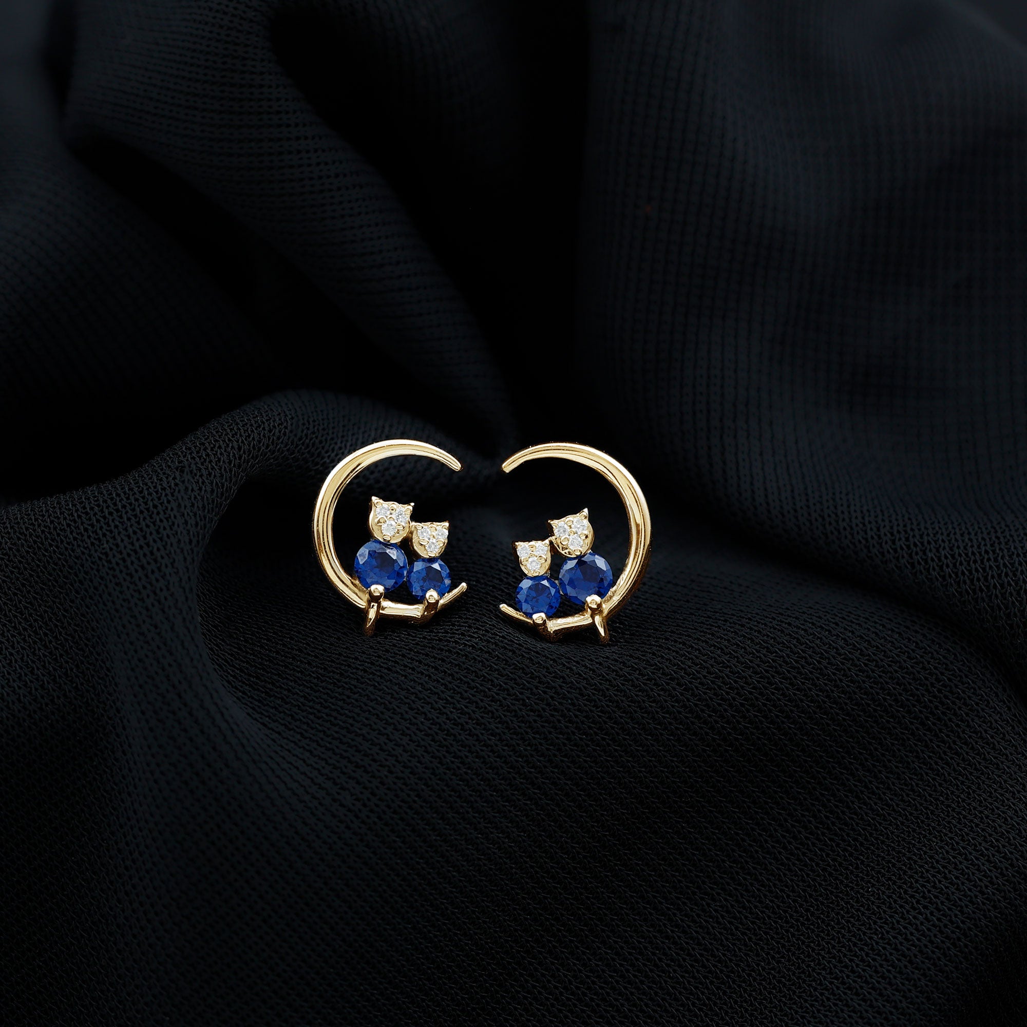 Lab Grown Blue Sapphire and Diamond Cat and Moon Stud Earrings AAAA - Rosec Jewels