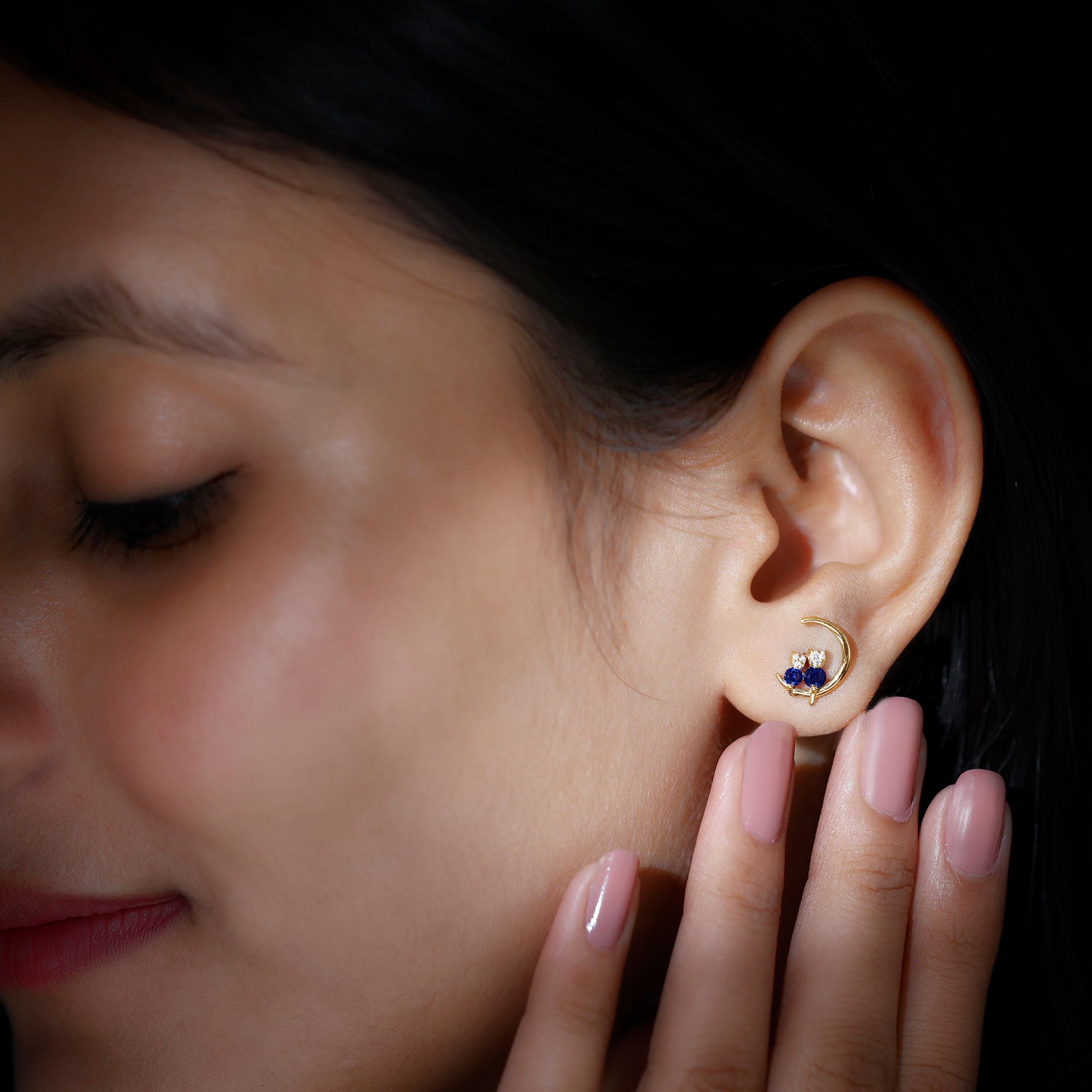 Lab Grown Blue Sapphire and Diamond Cat and Moon Stud Earrings AAAA - Rosec Jewels