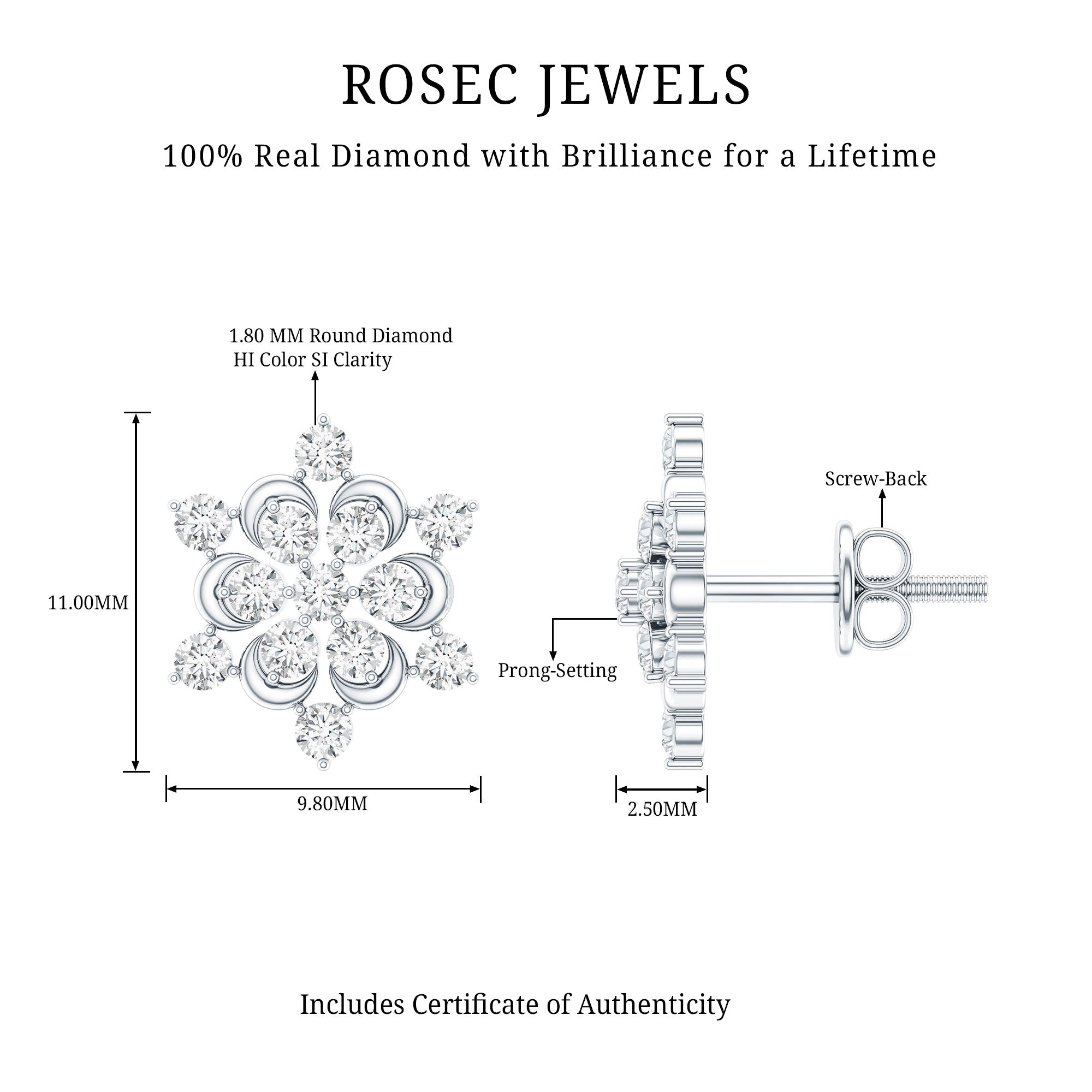 Certified Diamond Snowflake Stud Earrings Natural - ( HI-SI ) - Rosec Jewels