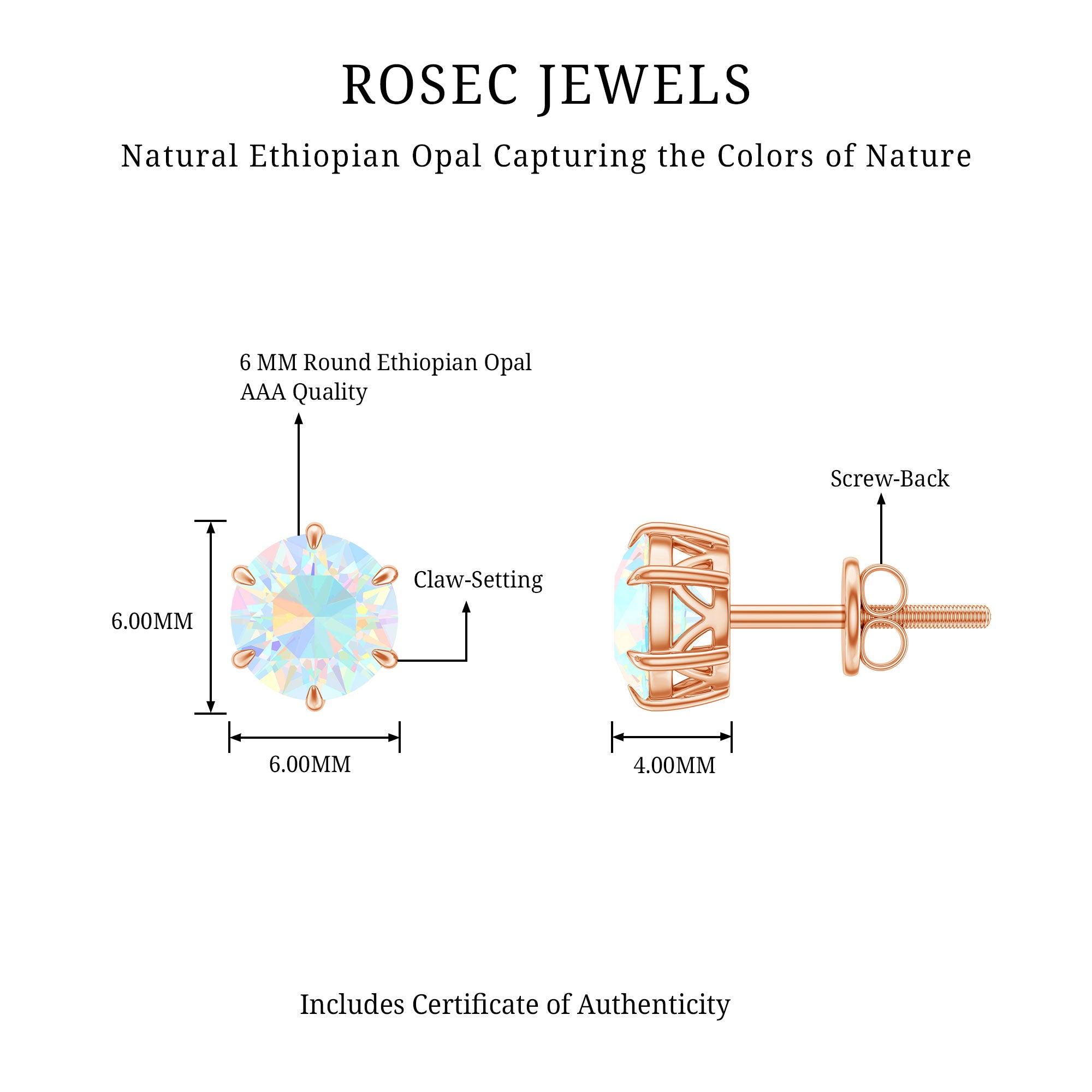 6MM Round Ethiopian Opal Solitaire Stud Earrings in 6 Claw Setting AAA - Rosec Jewels