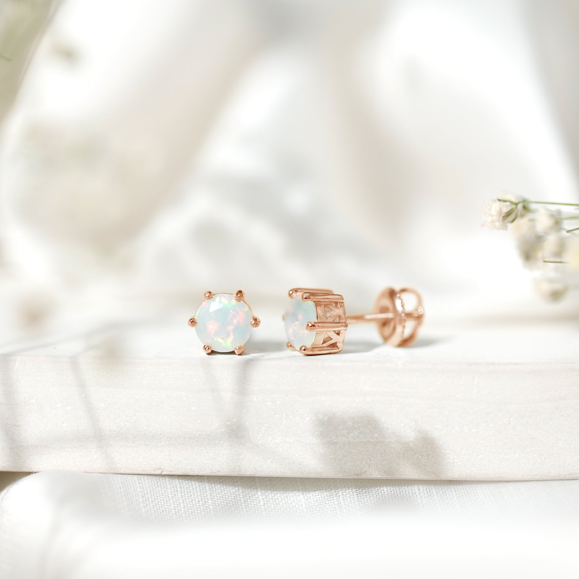 6MM Round Ethiopian Opal Solitaire Stud Earrings in 6 Claw Setting AAA - Rosec Jewels