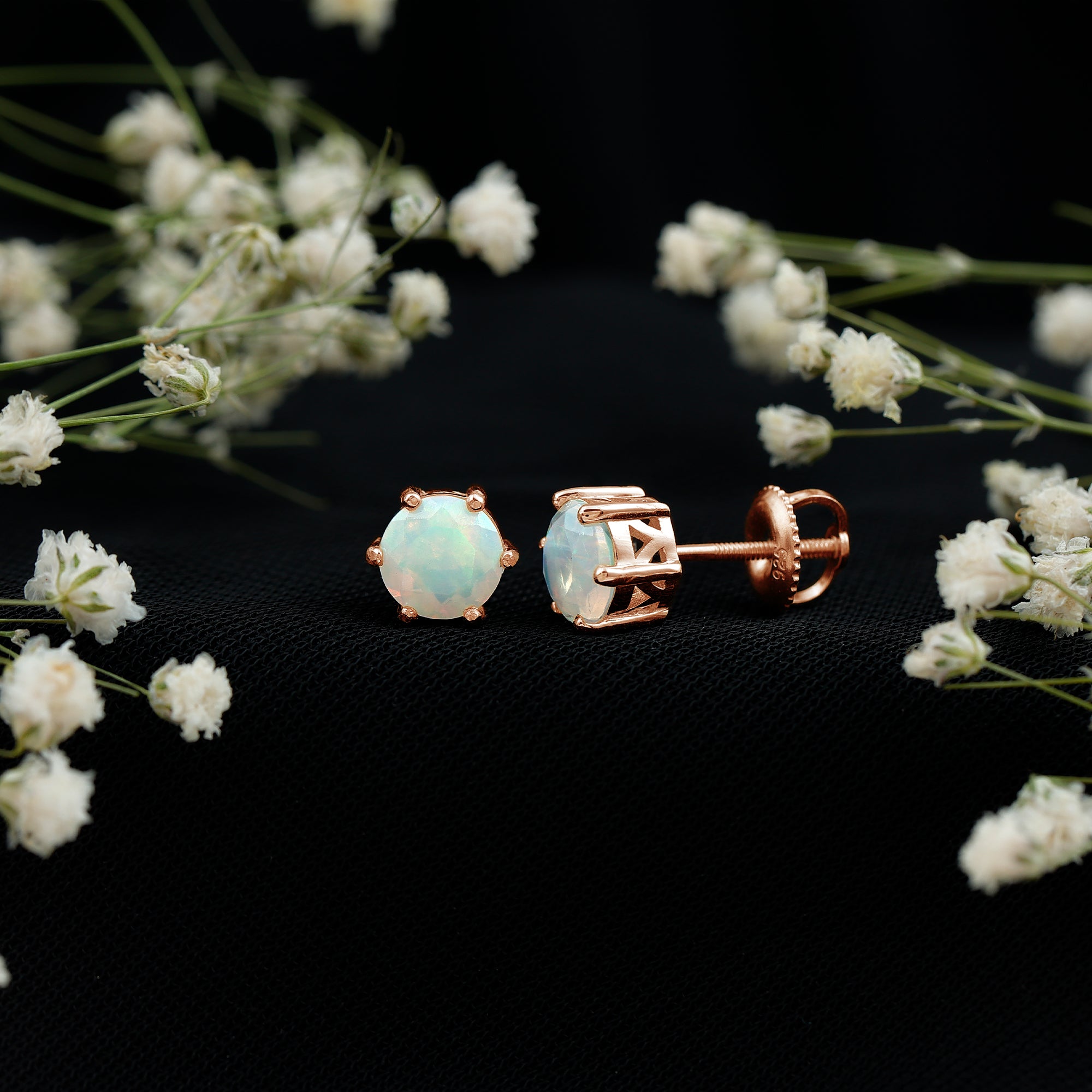 6MM Round Ethiopian Opal Solitaire Stud Earrings in 6 Claw Setting AAA - Rosec Jewels