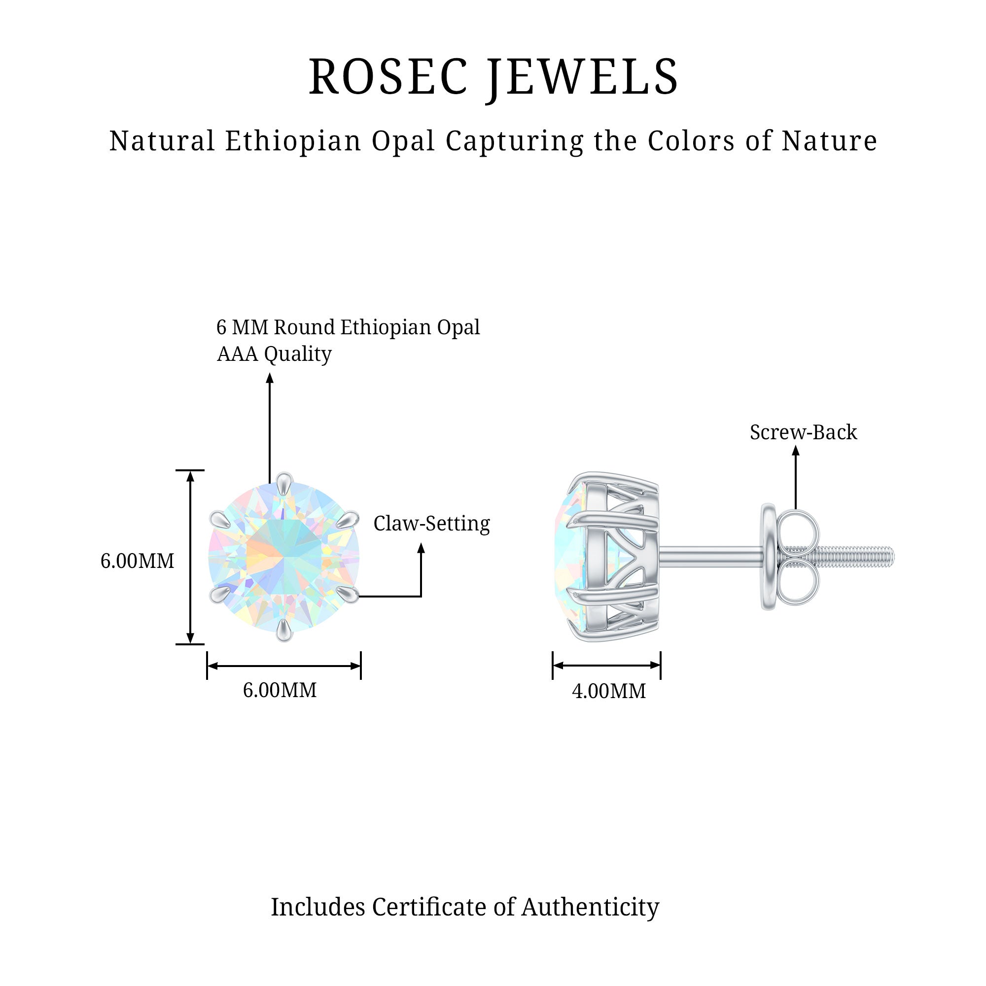 6MM Round Ethiopian Opal Solitaire Stud Earrings in 6 Claw Setting AAA - Rosec Jewels