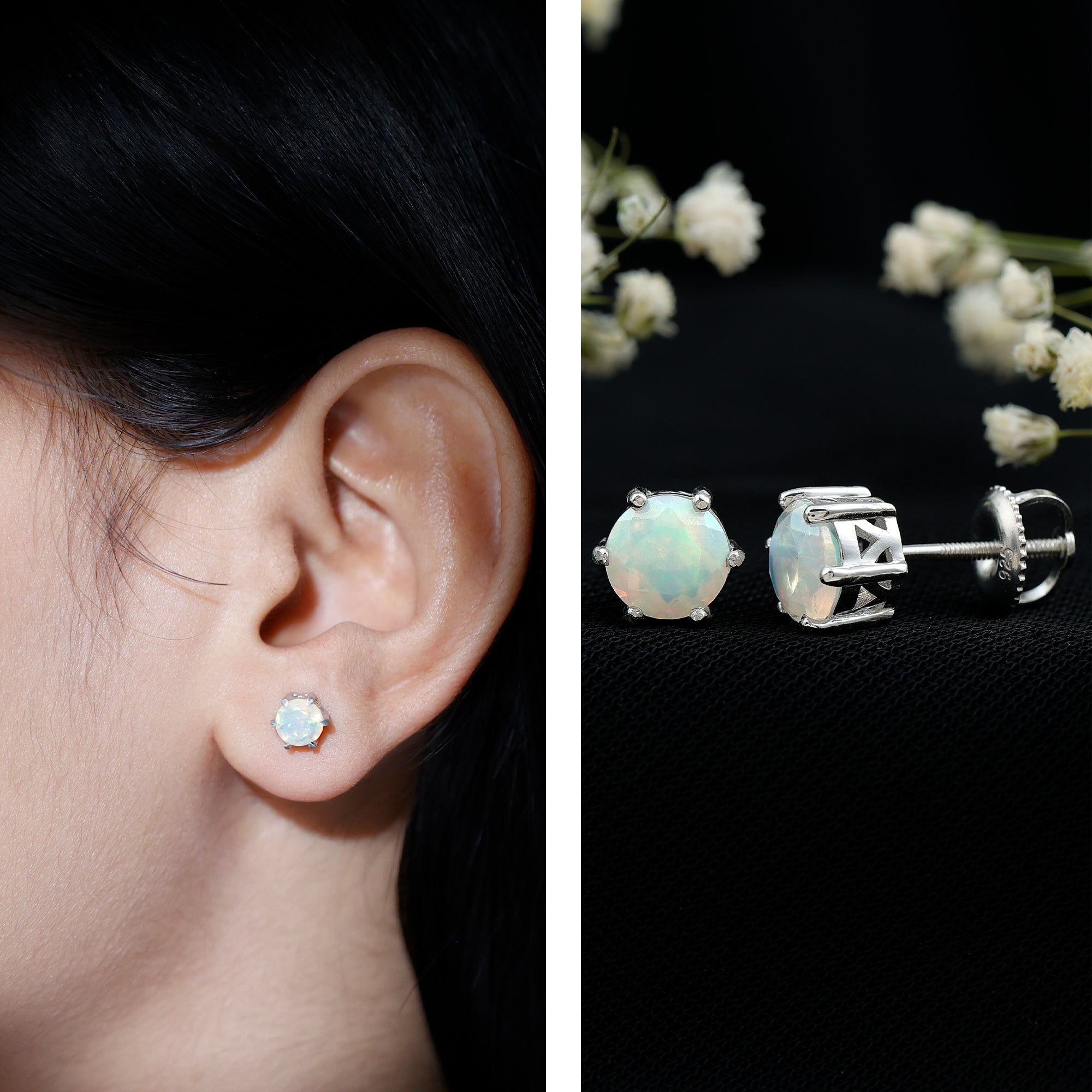 6MM Round Ethiopian Opal Solitaire Stud Earrings in 6 Claw Setting AAA - Rosec Jewels