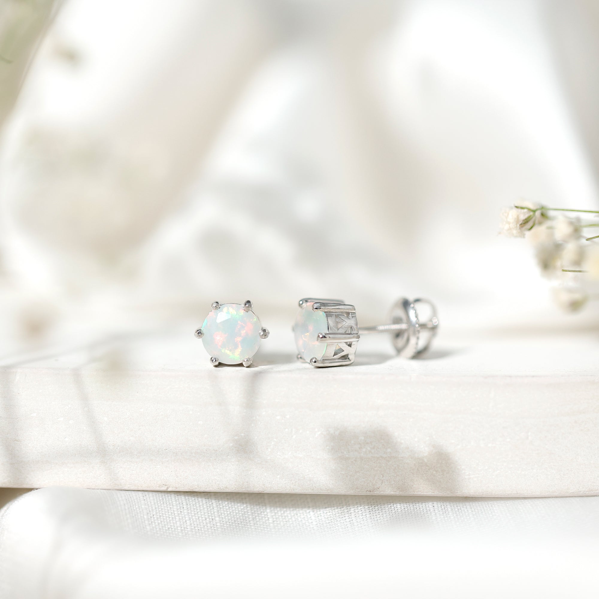 6MM Round Ethiopian Opal Solitaire Stud Earrings in 6 Claw Setting AAA - Rosec Jewels