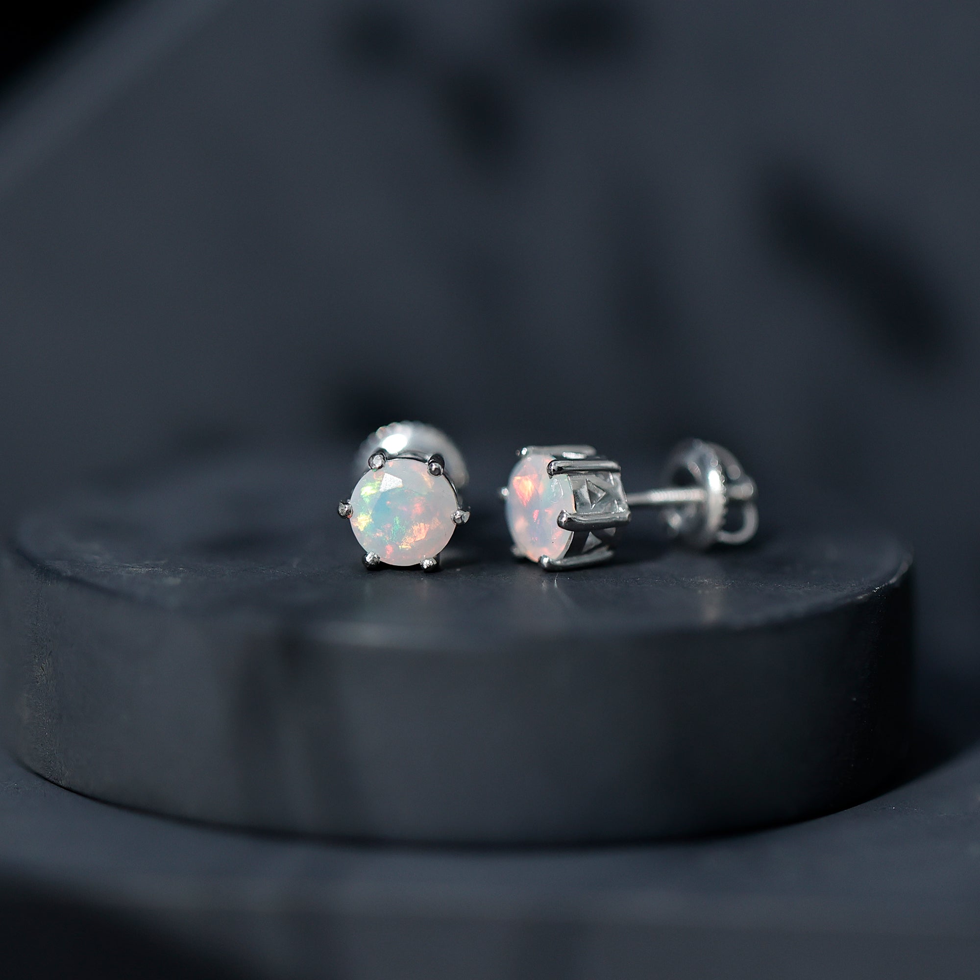 6MM Round Ethiopian Opal Solitaire Stud Earrings in 6 Claw Setting AAA - Rosec Jewels