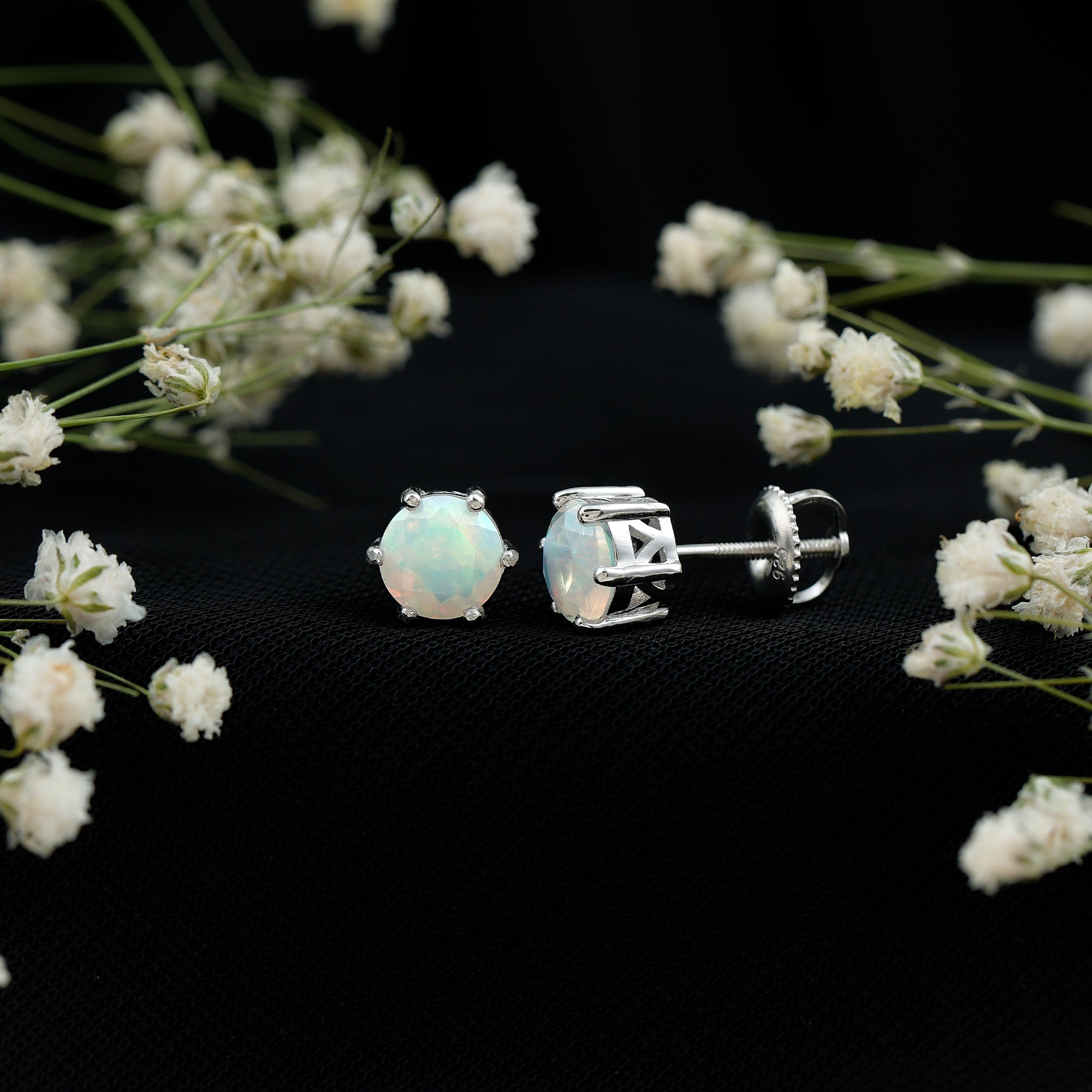 6MM Round Ethiopian Opal Solitaire Stud Earrings in 6 Claw Setting AAA - Rosec Jewels