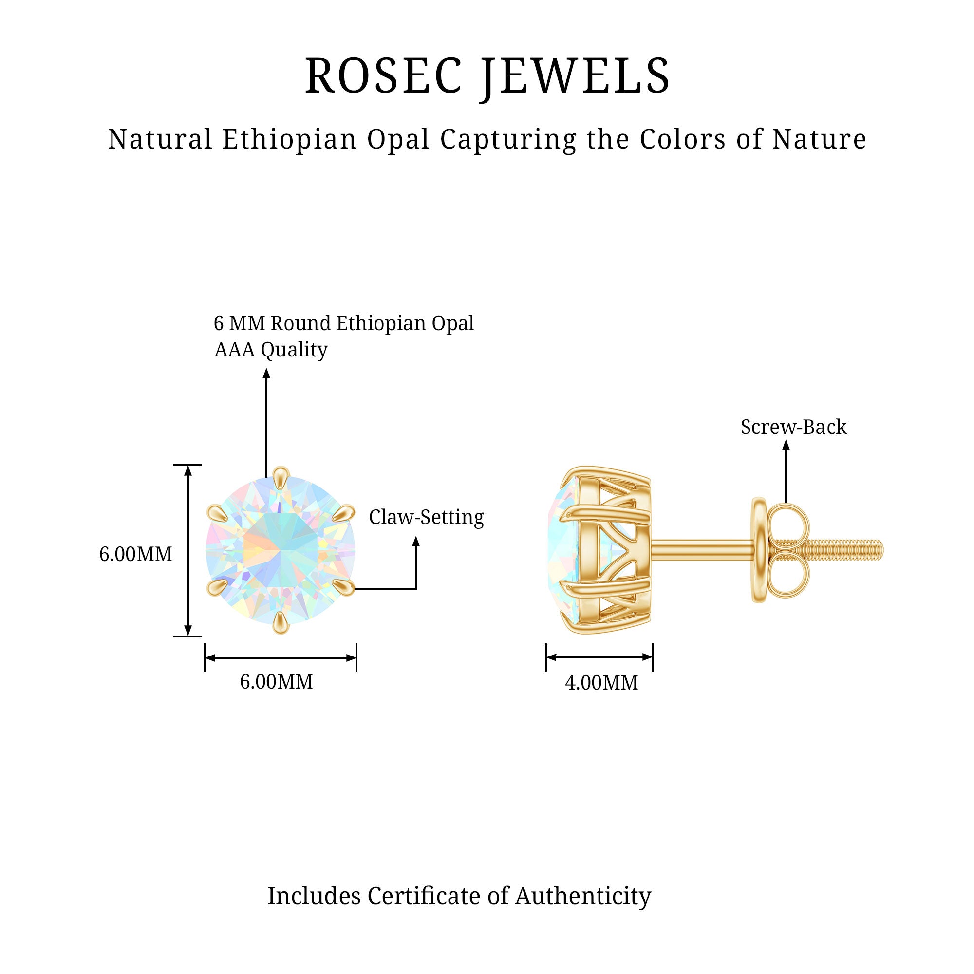 6MM Round Ethiopian Opal Solitaire Stud Earrings in 6 Claw Setting AAA - Rosec Jewels