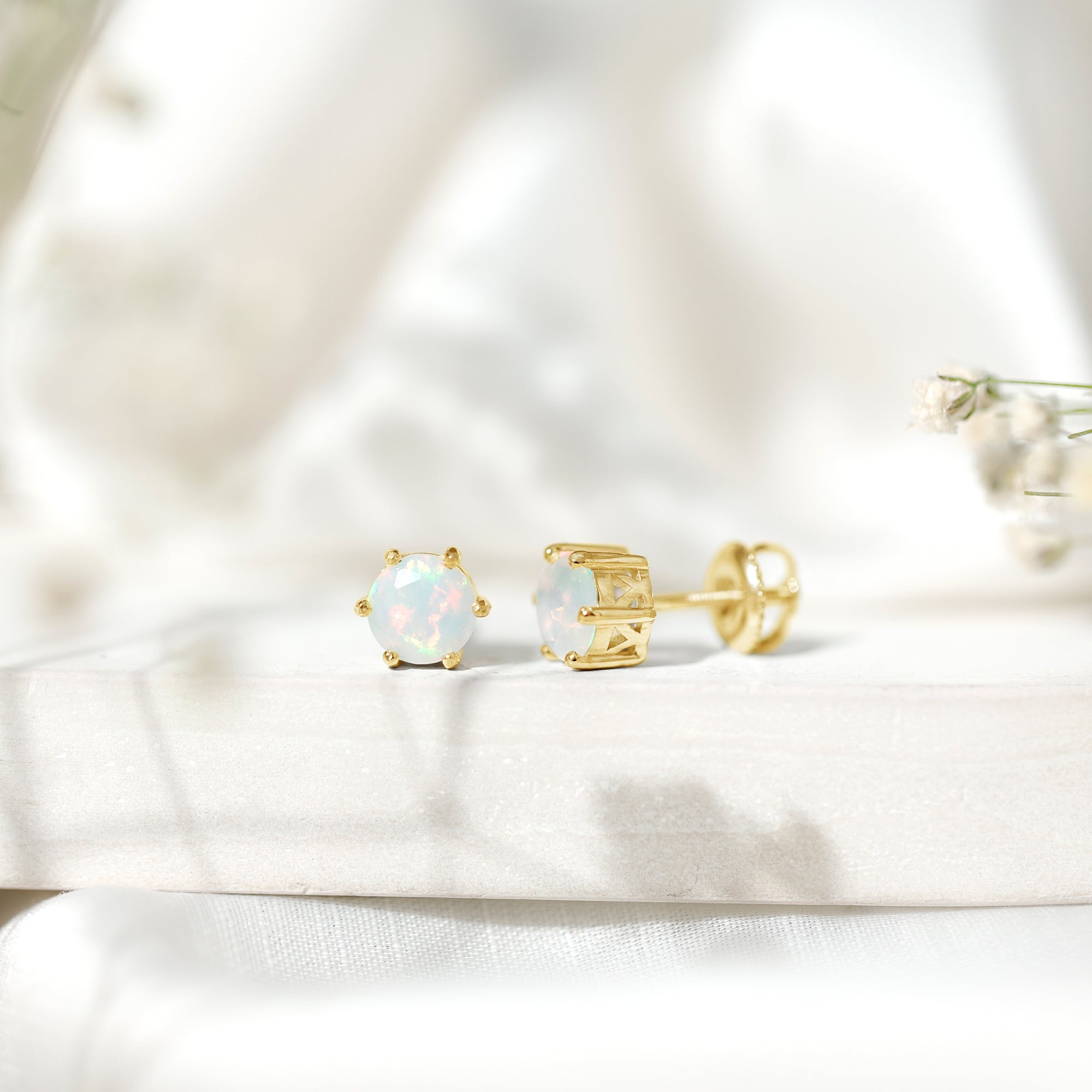 6MM Round Ethiopian Opal Solitaire Stud Earrings in 6 Claw Setting AAA - Rosec Jewels