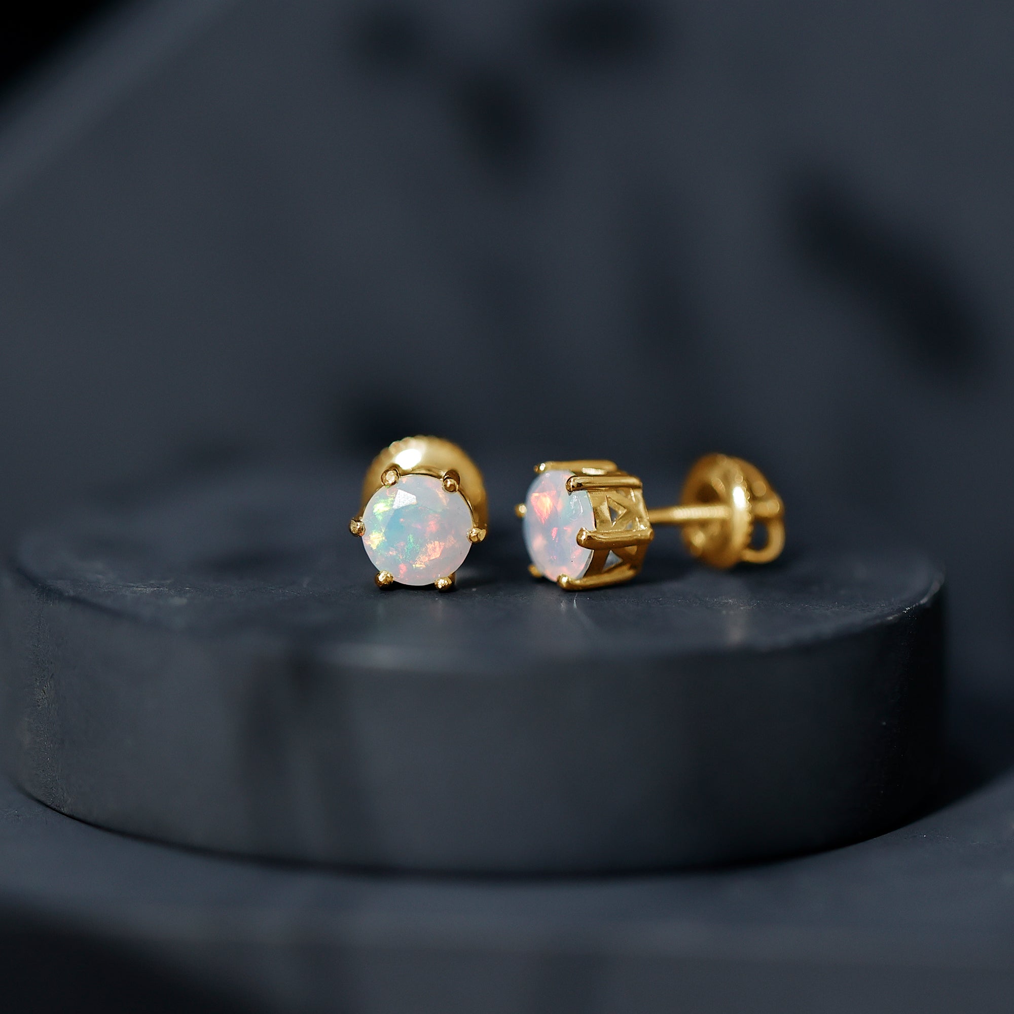 6MM Round Ethiopian Opal Solitaire Stud Earrings in 6 Claw Setting AAA - Rosec Jewels