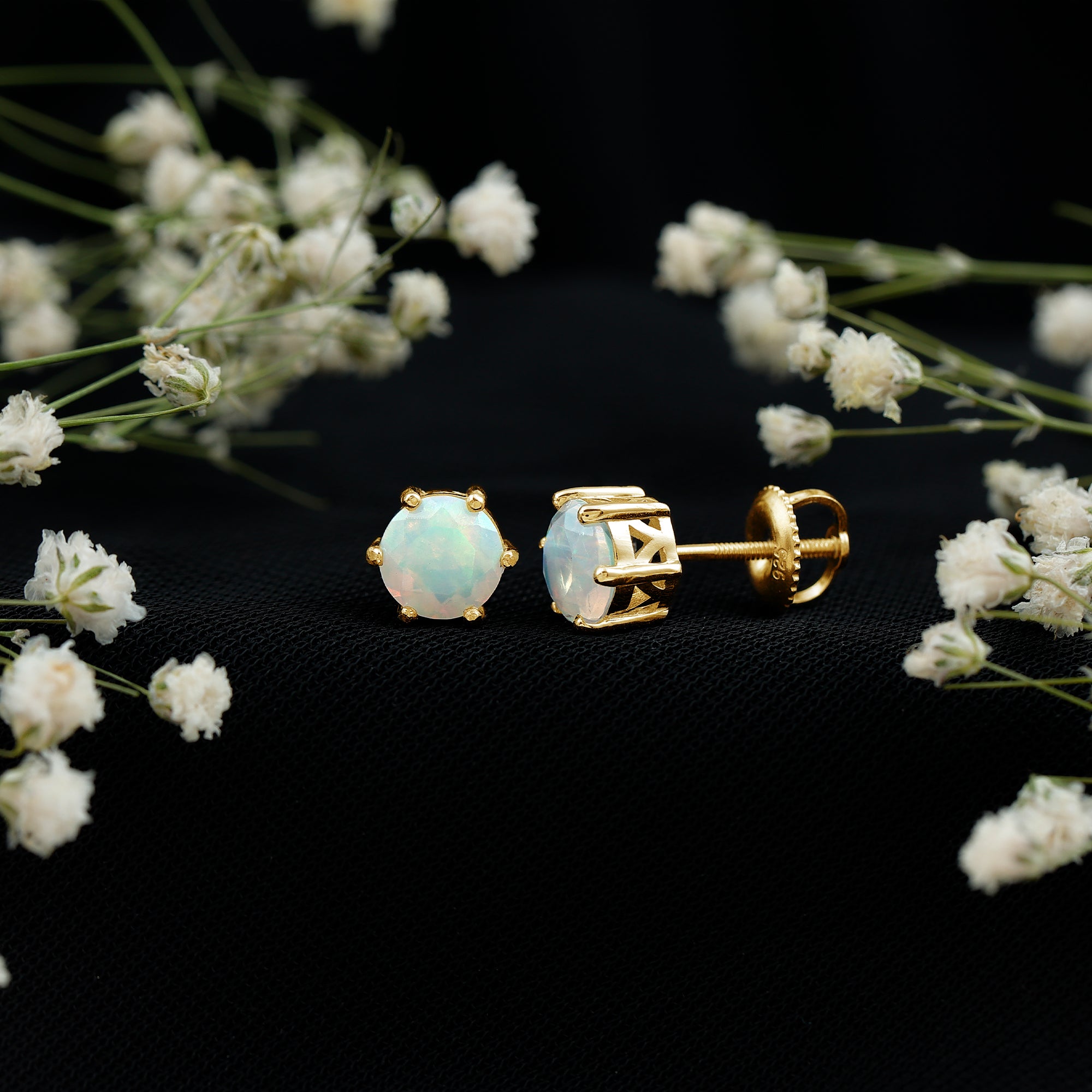 6MM Round Ethiopian Opal Solitaire Stud Earrings in 6 Claw Setting AAA - Rosec Jewels