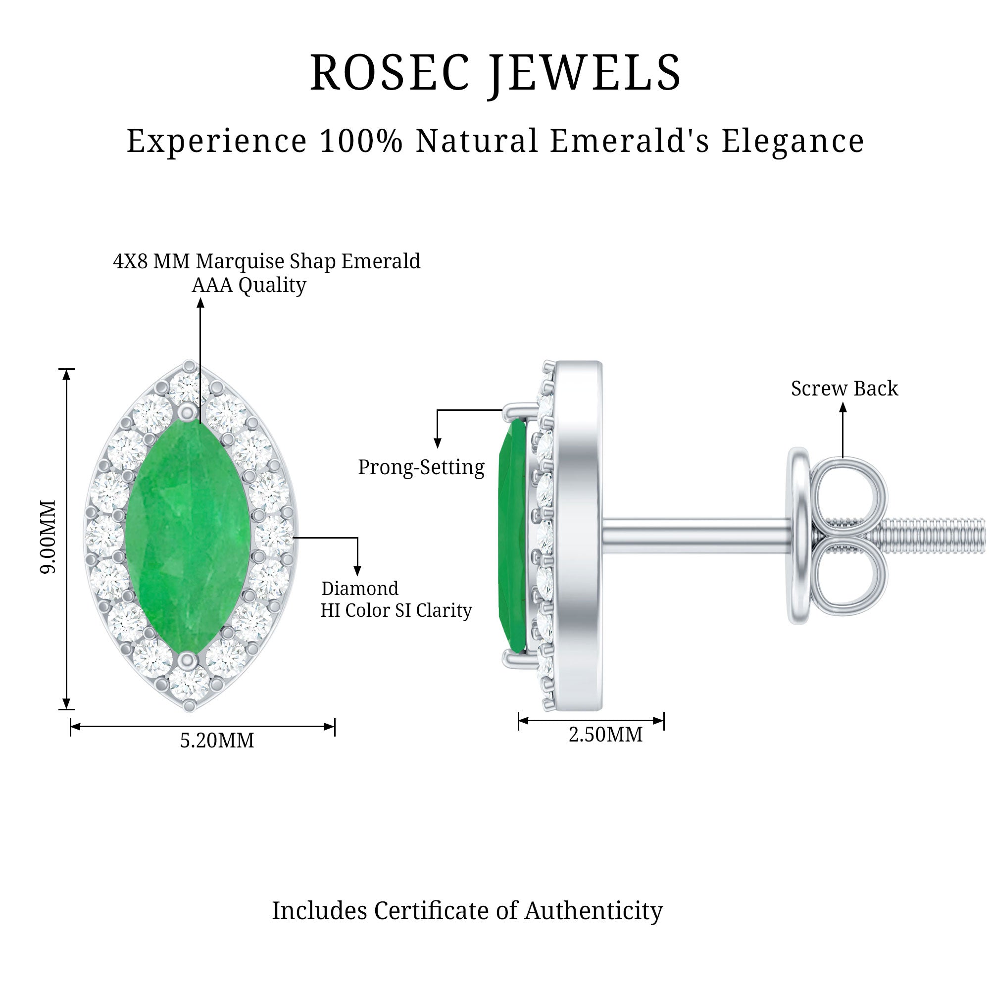 1.6 Carat Marquise Cut Emerald and Diamond Stud Earrings AAA - Rosec Jewels