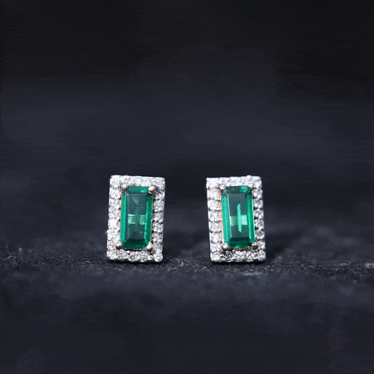 Baguette Cut Lab Grown Emerald and Diamond Halo Stud Earrings AAAA - Rosec Jewels