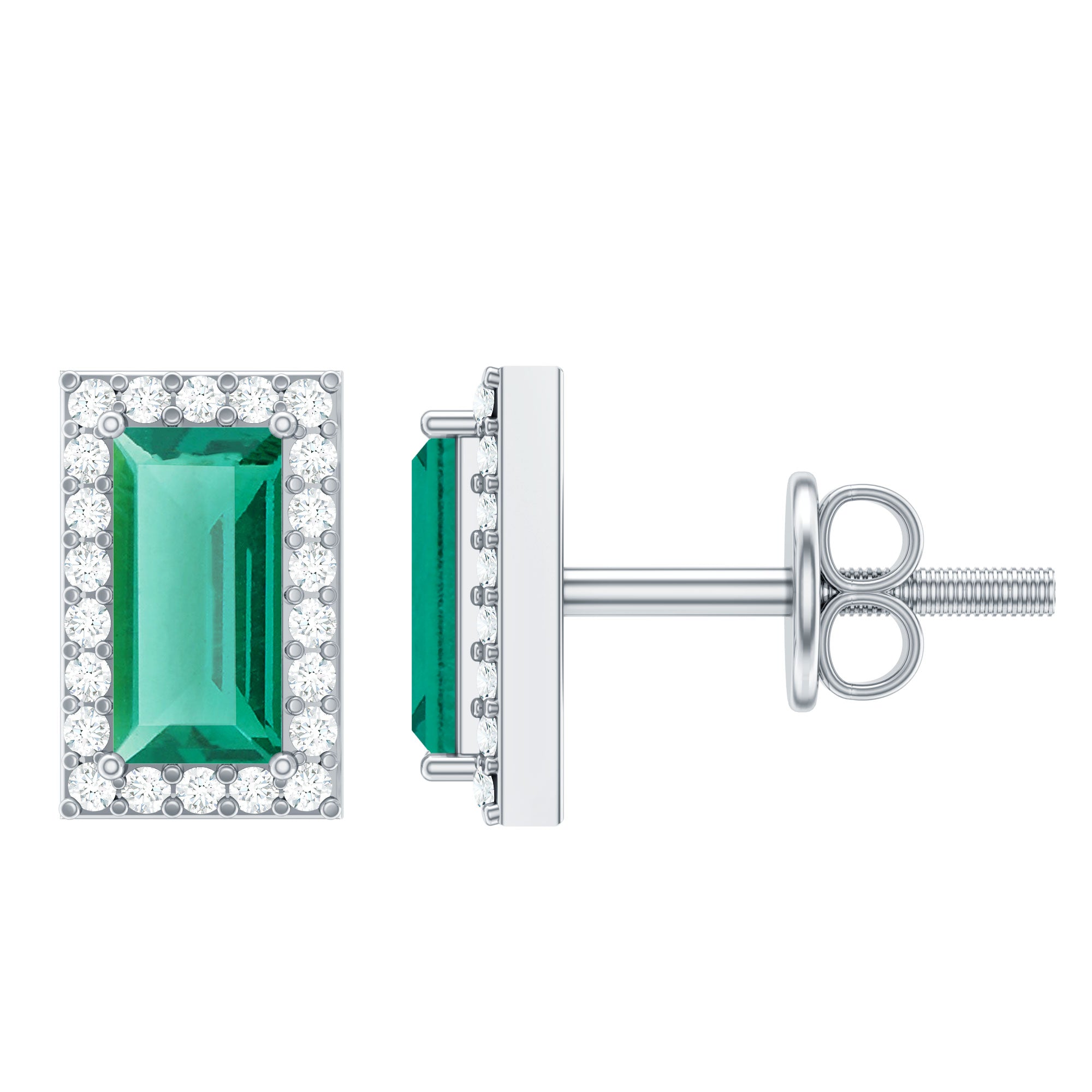 Baguette Cut Lab Grown Emerald and Diamond Halo Stud Earrings AAAA - Rosec Jewels