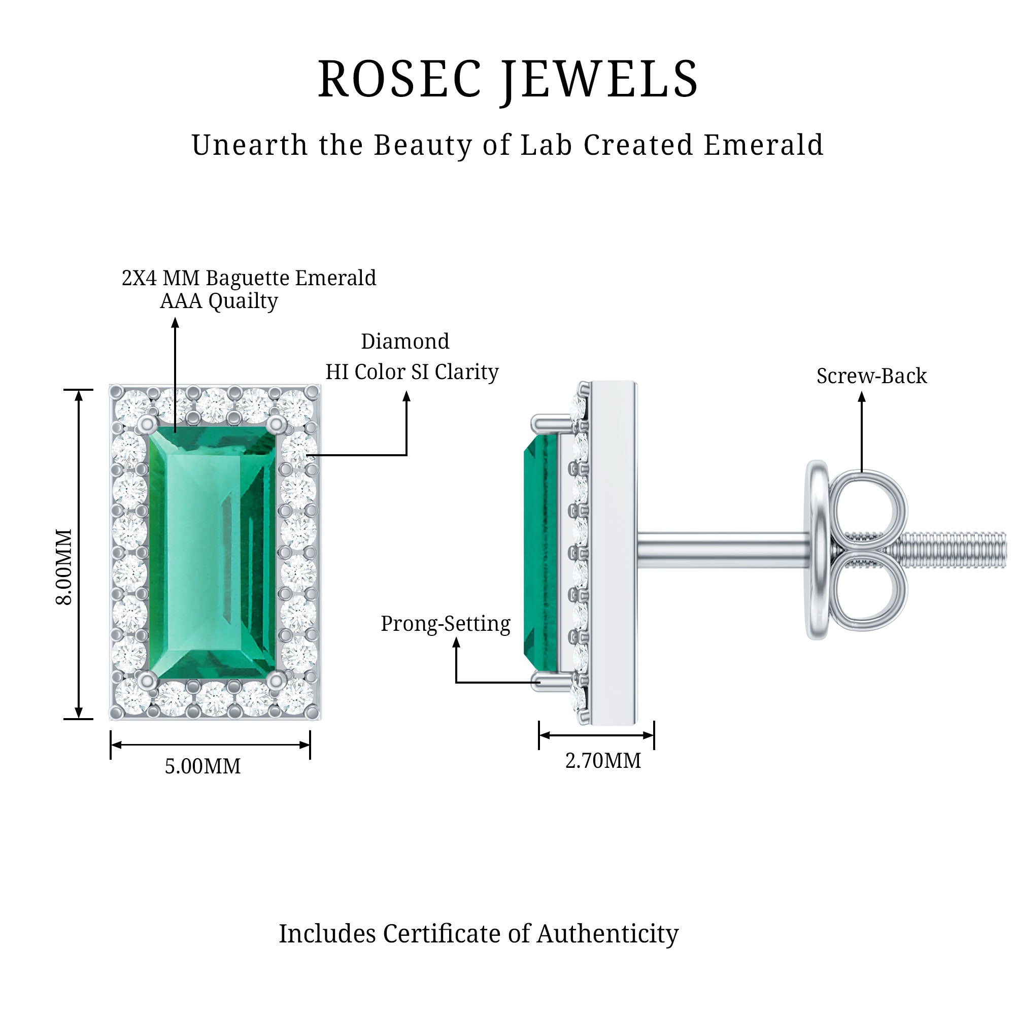 Baguette Cut Lab Grown Emerald and Diamond Halo Stud Earrings AAAA - Rosec Jewels
