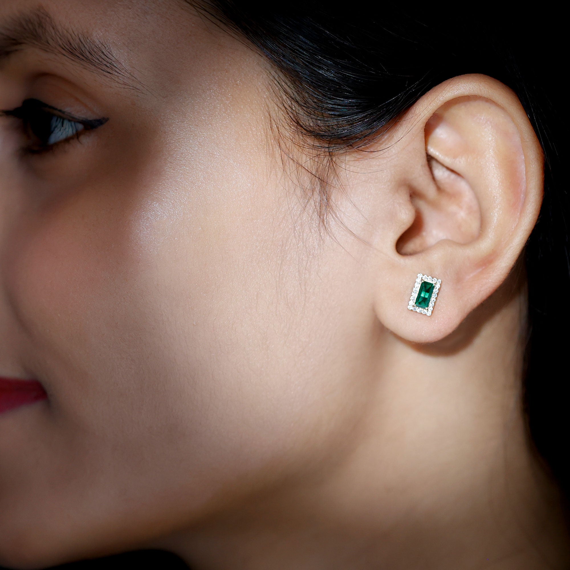 Baguette Cut Lab Grown Emerald and Diamond Halo Stud Earrings AAAA - Rosec Jewels