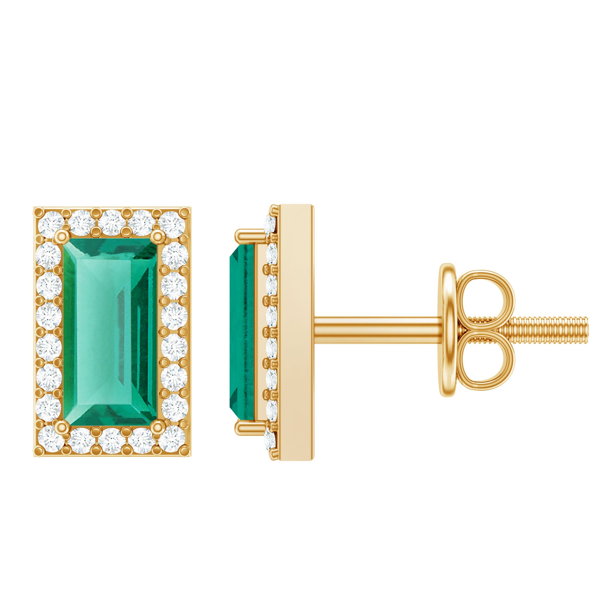 Baguette Cut Lab Grown Emerald and Diamond Halo Stud Earrings AAAA - Rosec Jewels