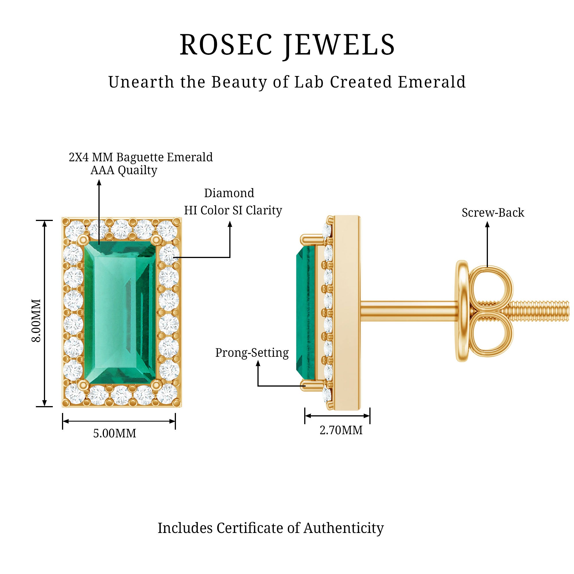 Baguette Cut Lab Grown Emerald and Diamond Halo Stud Earrings AAAA - Rosec Jewels
