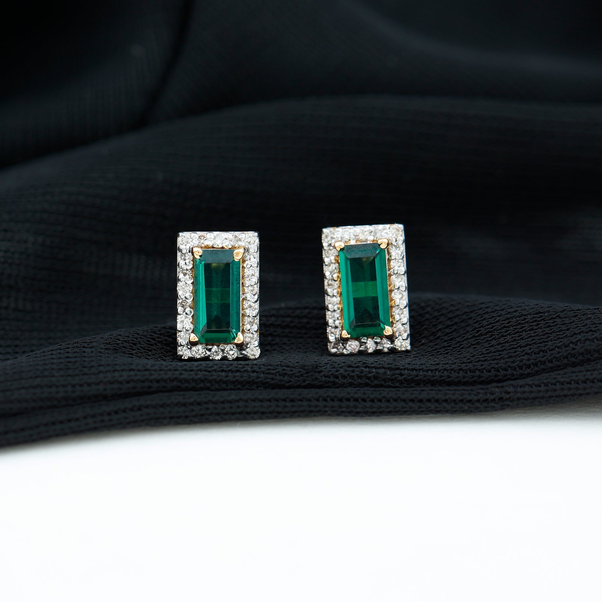 Baguette Cut Lab Grown Emerald and Diamond Halo Stud Earrings AAAA - Rosec Jewels