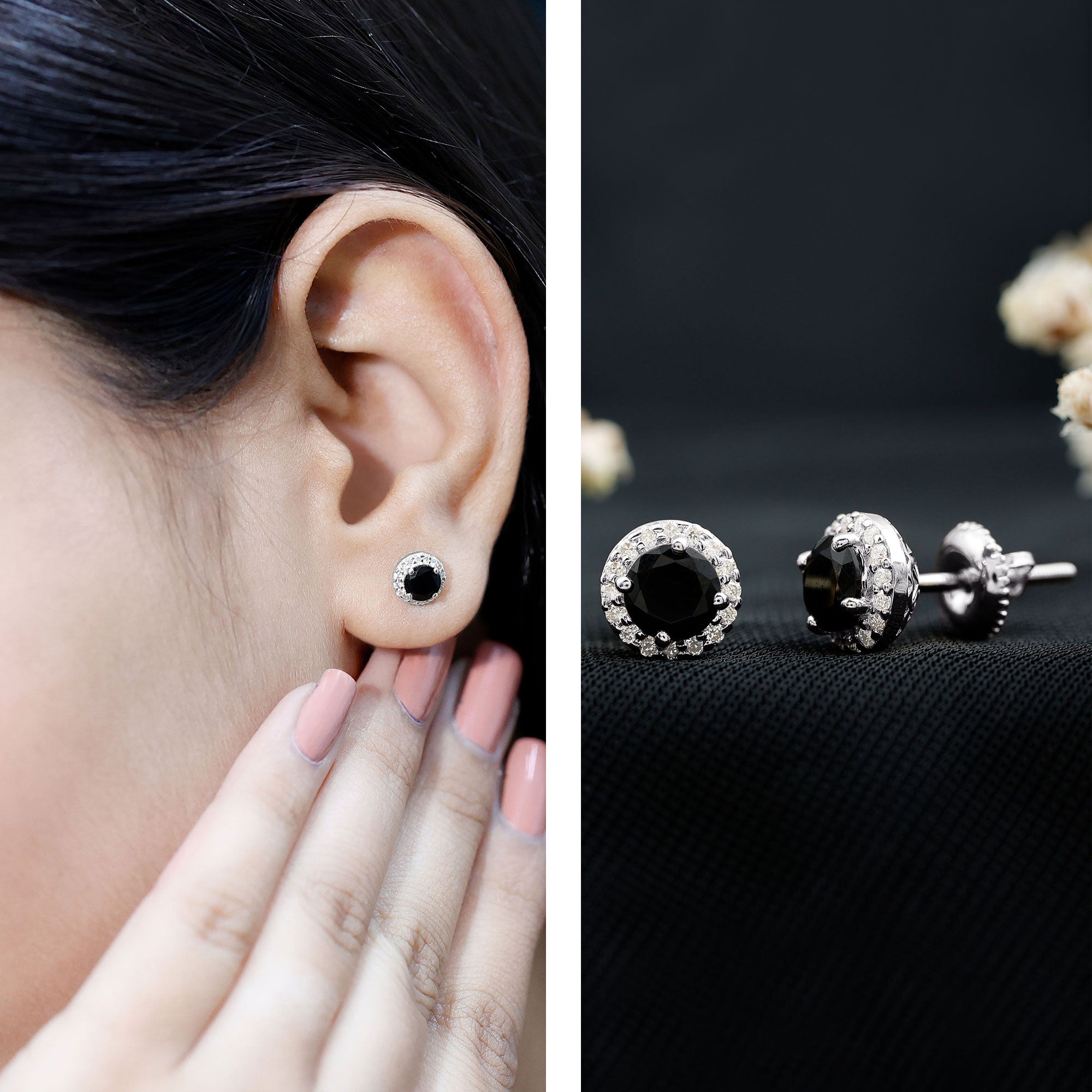 1.6 Carat Round Lab Created Black and White Diamond Halo Stud Earrings AAAA ( Synthetic ) - Rosec Jewels