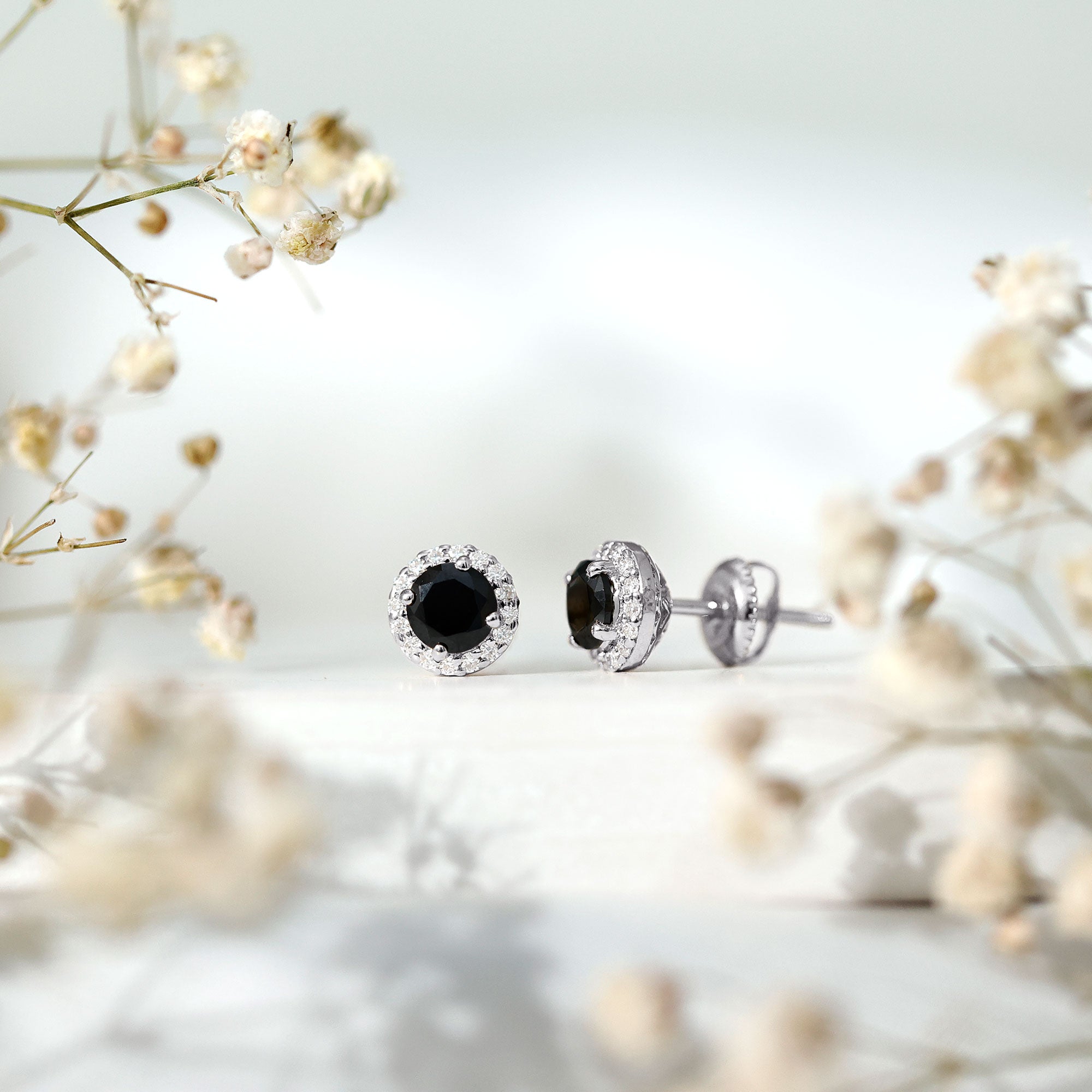 1.6 Carat Round Lab Created Black and White Diamond Halo Stud Earrings AAAA ( Synthetic ) - Rosec Jewels