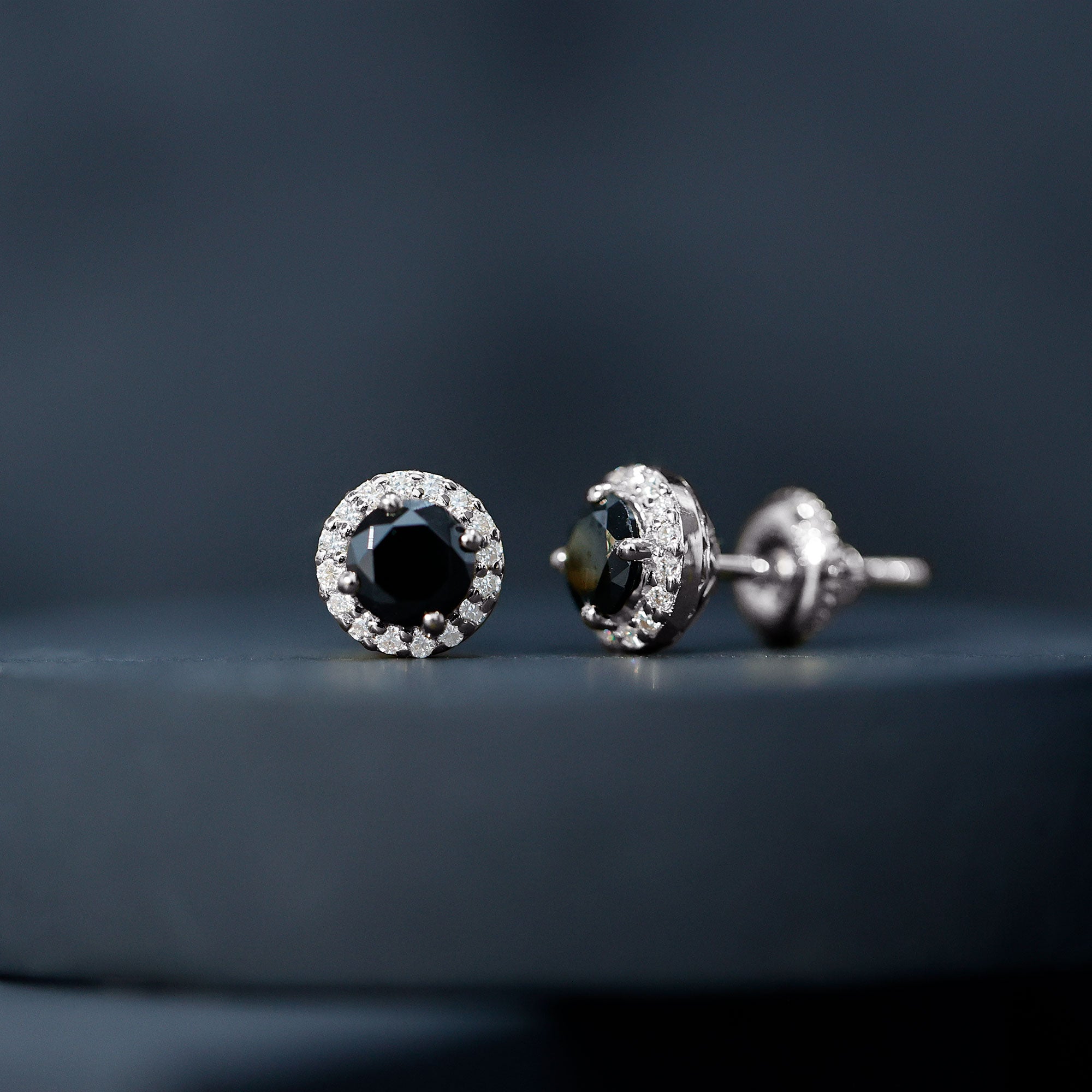 1.6 Carat Round Lab Created Black and White Diamond Halo Stud Earrings AAAA ( Synthetic ) - Rosec Jewels