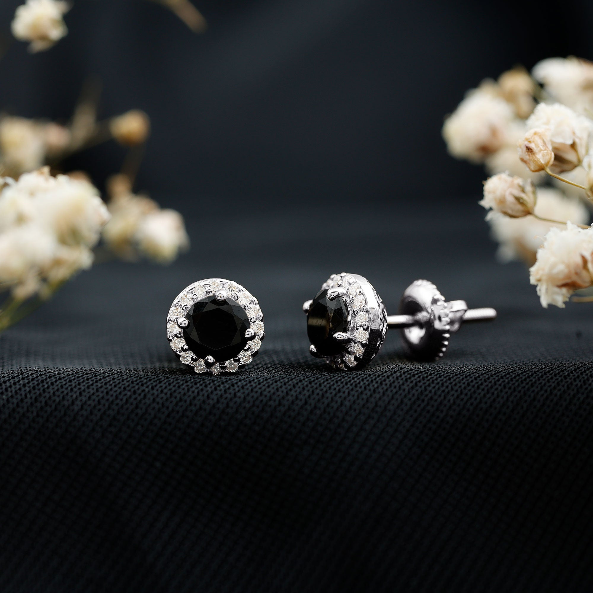 1.6 Carat Round Lab Created Black and White Diamond Halo Stud Earrings AAAA ( Synthetic ) - Rosec Jewels