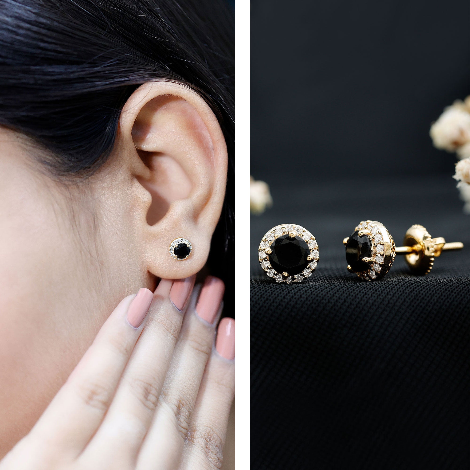 1.6 Carat Round Lab Created Black and White Diamond Halo Stud Earrings AAAA ( Synthetic ) - Rosec Jewels
