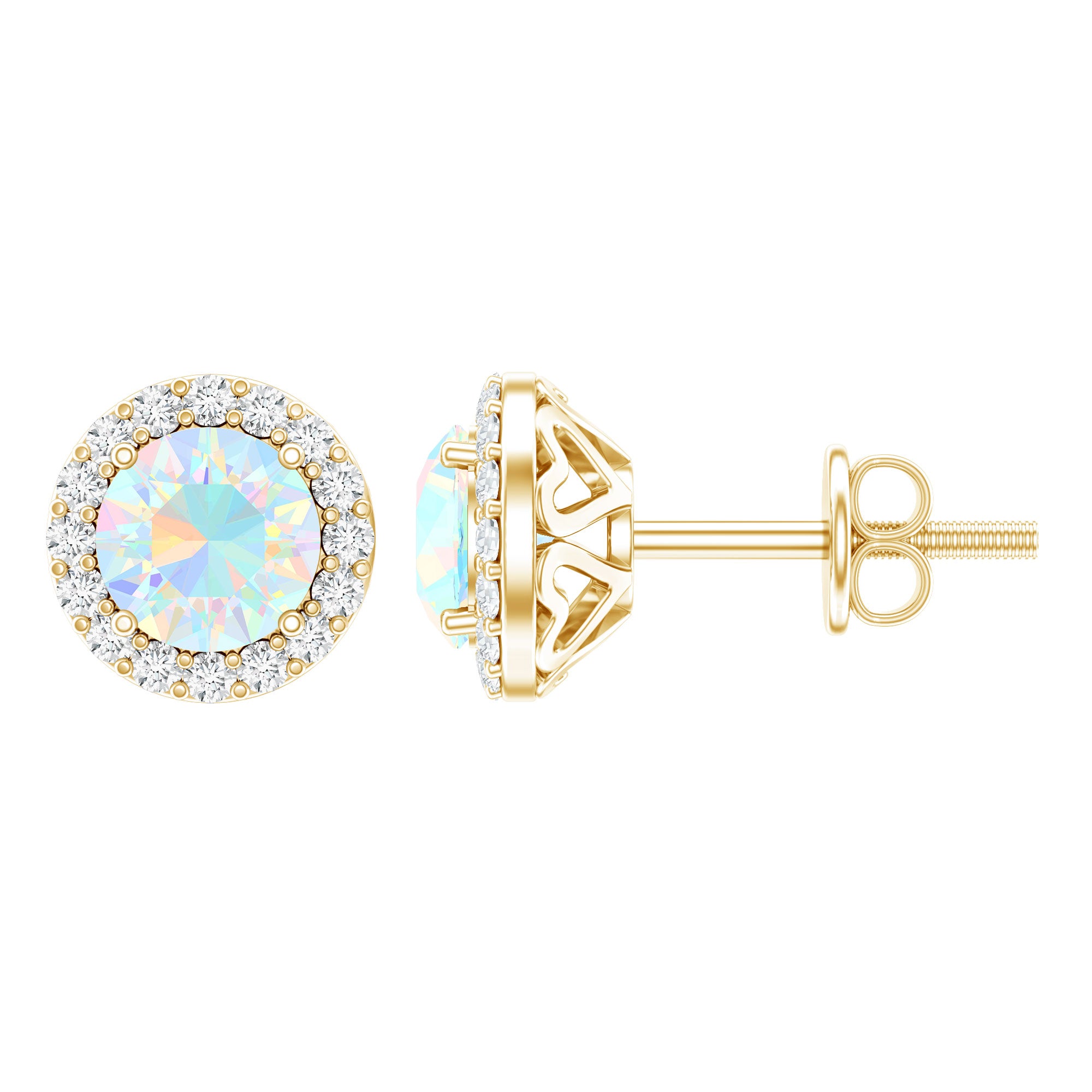 Natural Ethiopian Opal and Moissanite Halo Stud Earrings AAA - Rosec Jewels