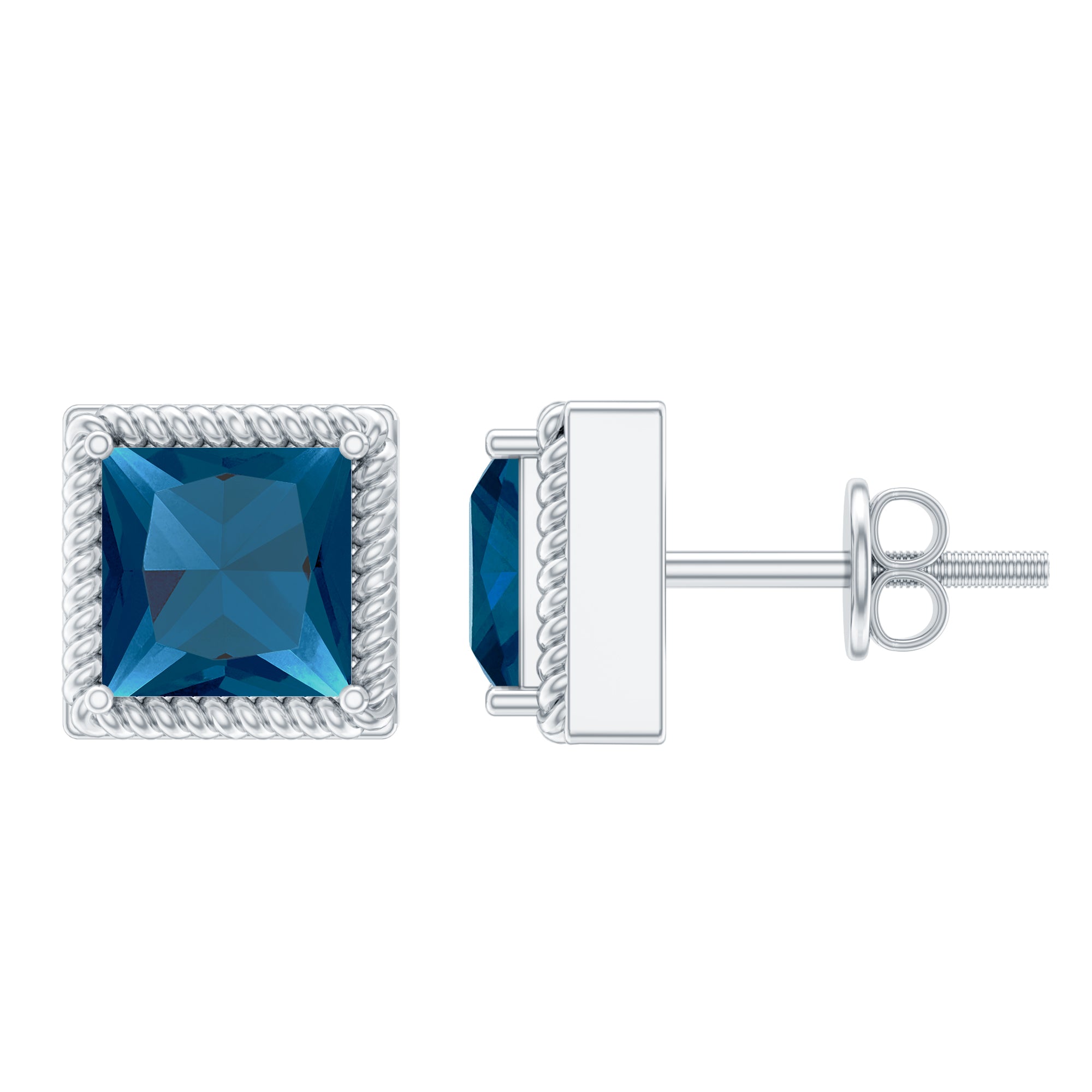2 Carat Princess Cut London Blue Topaz Stud Earrings AAA - Rosec Jewels