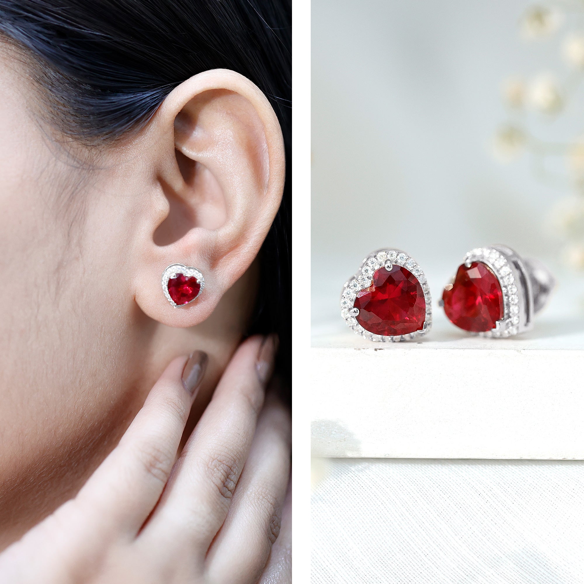 Heart Shape Lab Grown Ruby Stud Earrings For Her AAAA - Rosec Jewels
