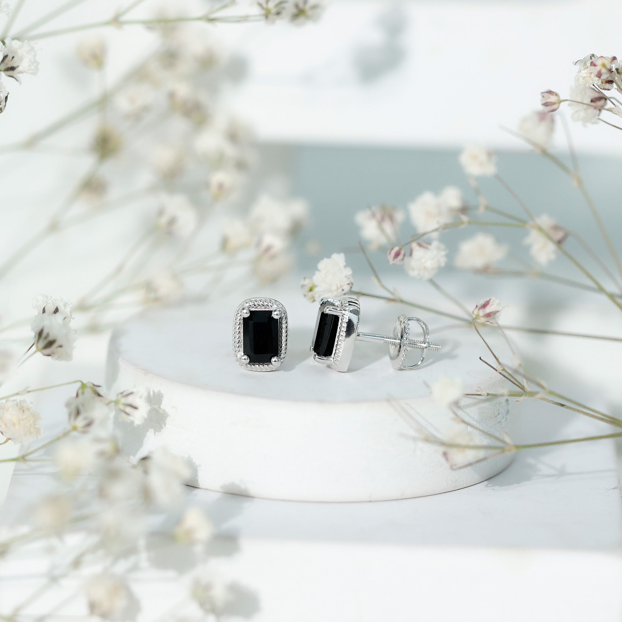 Genuine Black Onyx Emerald Cut Stud Earring with Twisted Rose Frame AAA - Rosec Jewels