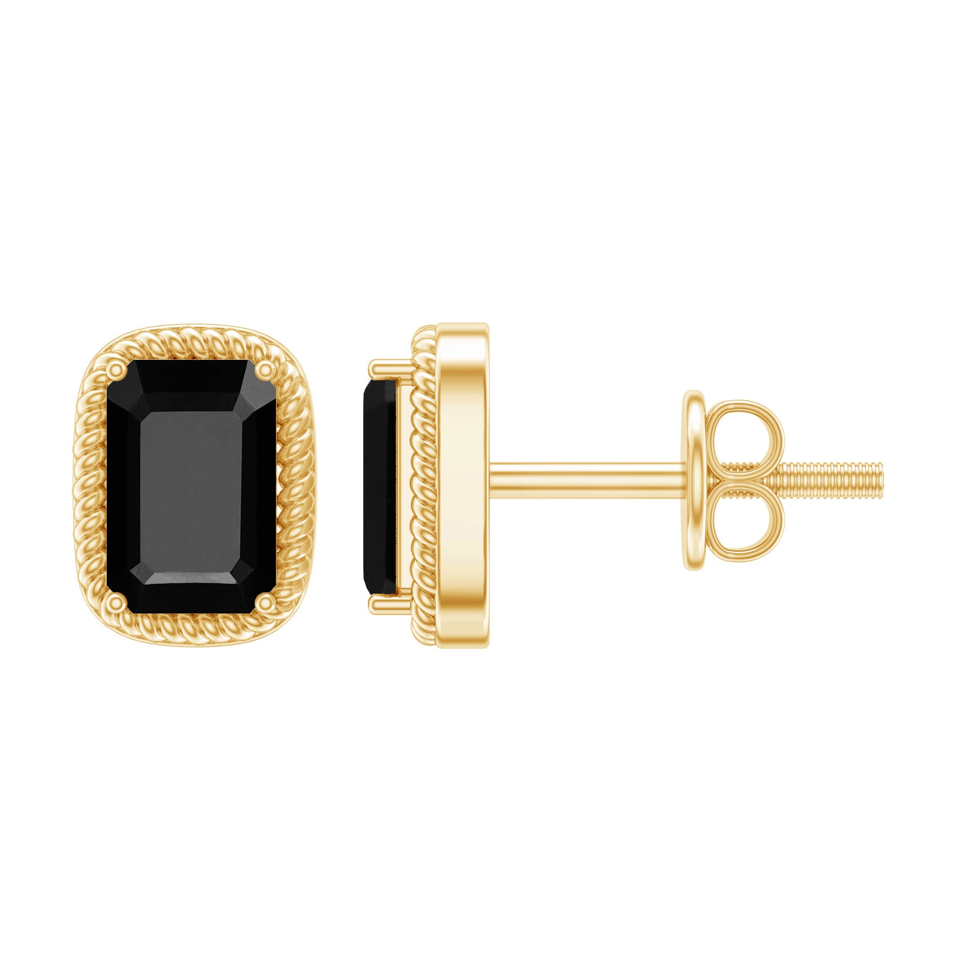 Genuine Black Onyx Emerald Cut Stud Earring with Twisted Rose Frame AAA - Rosec Jewels