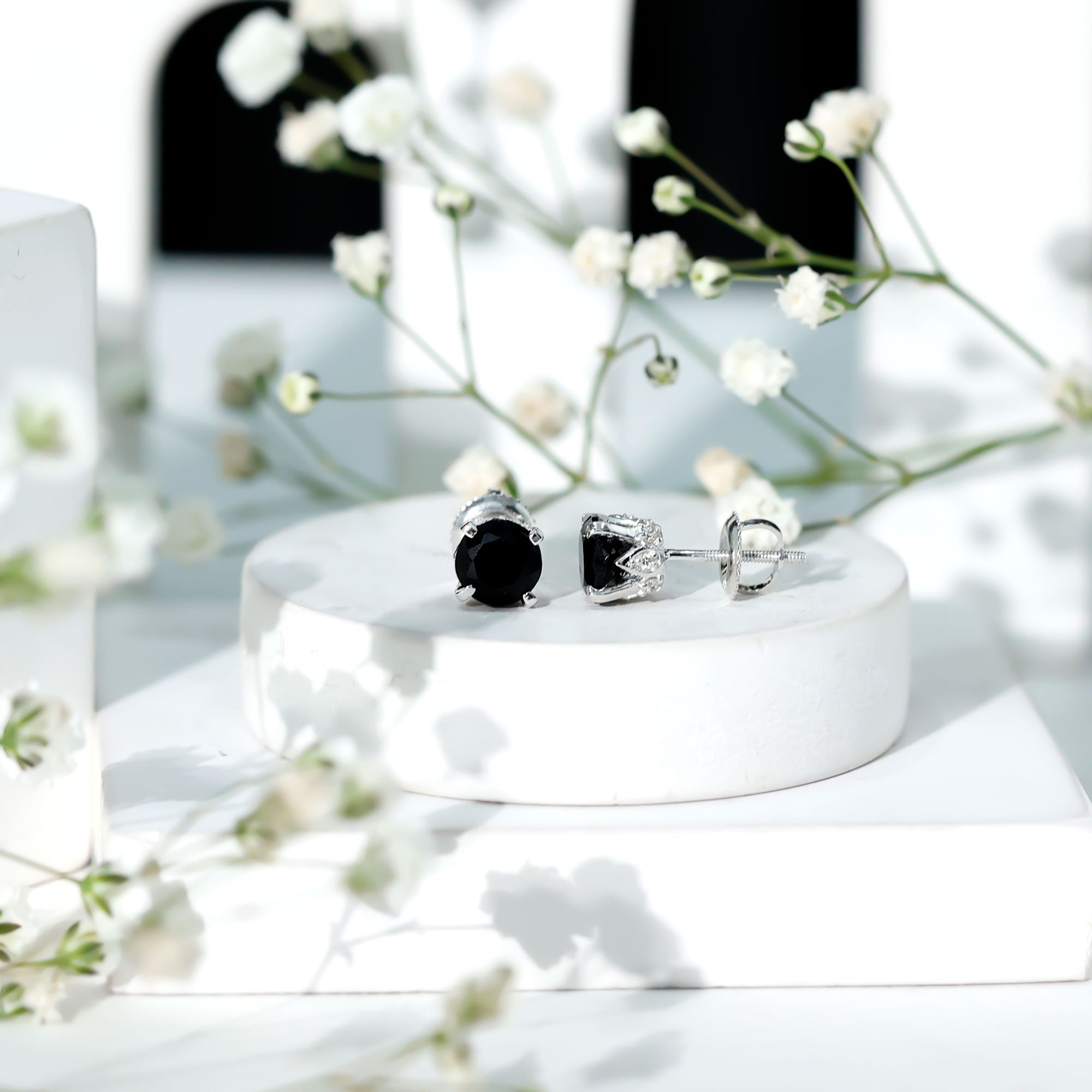 3 CT Lab Created Black Diamond Stud Earrings with White Diamond AAAA ( Synthetic ) - Rosec Jewels