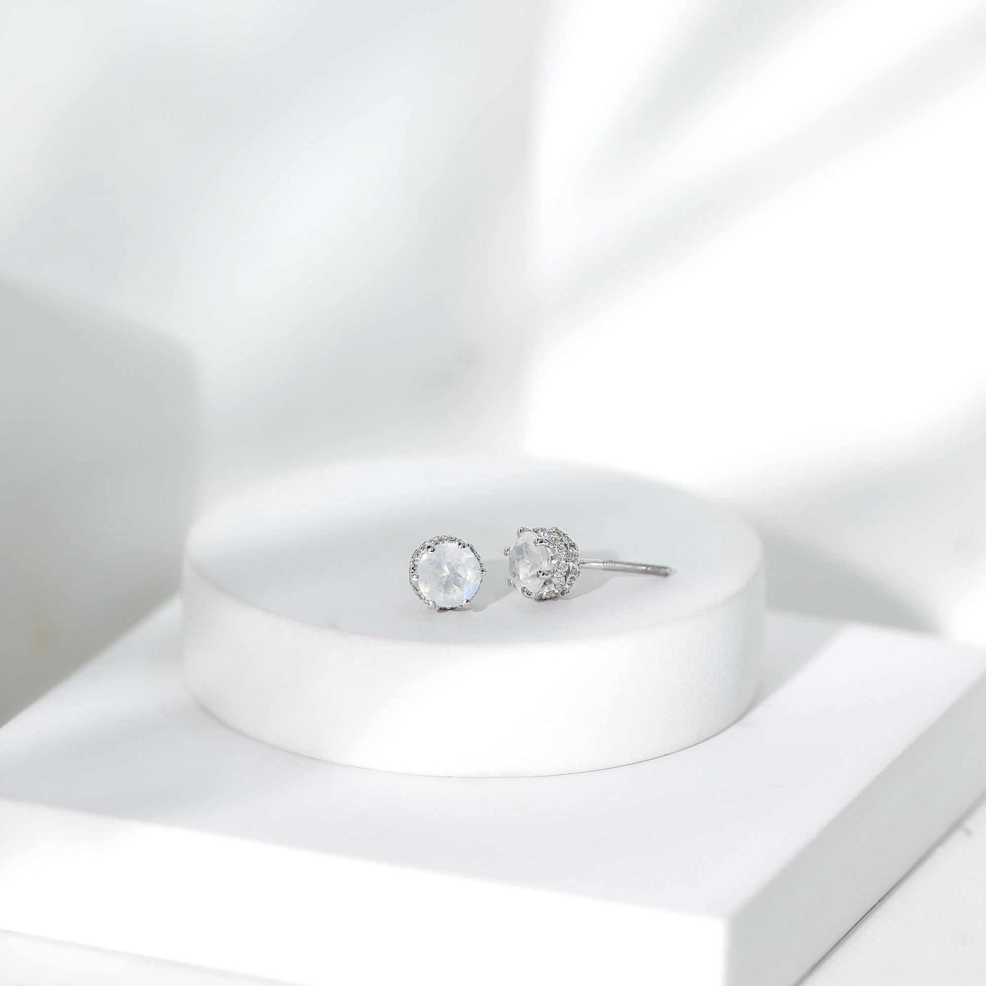 Round Cut Genuine Moonstone and Diamond Stud Earrings AAA - Rosec Jewels
