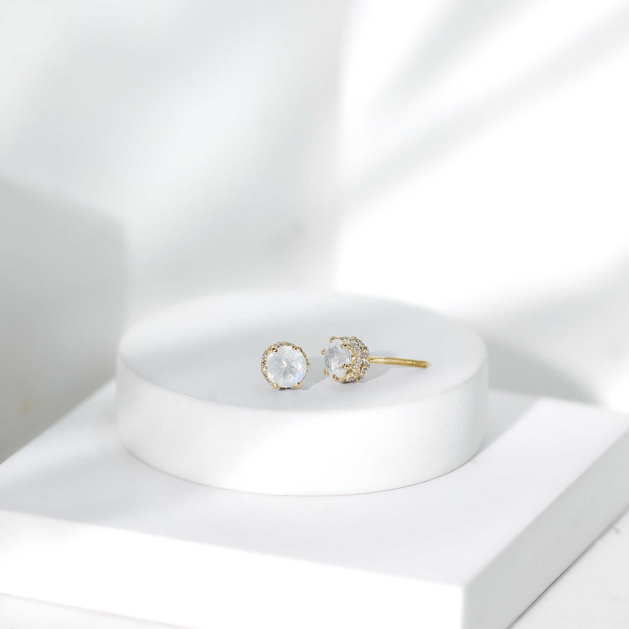 Round Cut Genuine Moonstone and Diamond Stud Earrings AAA - Rosec Jewels