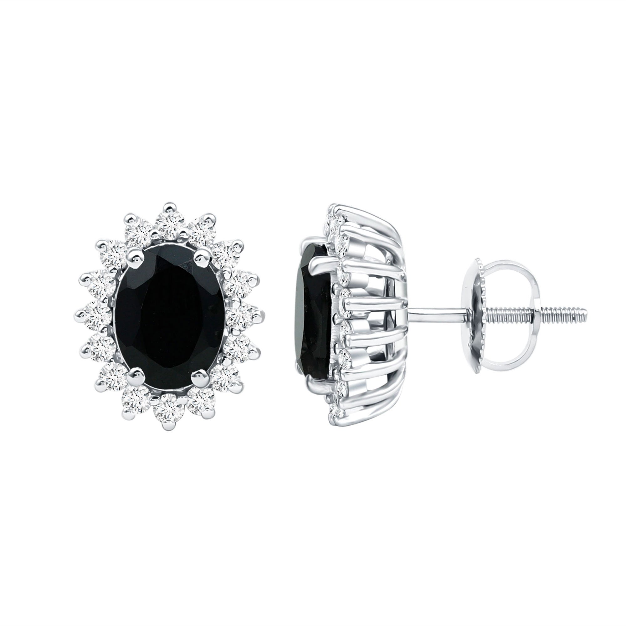 2 Carat Oval Cut Black Onyx Stud Earrings with Moissanite Halo AAA - Rosec Jewels