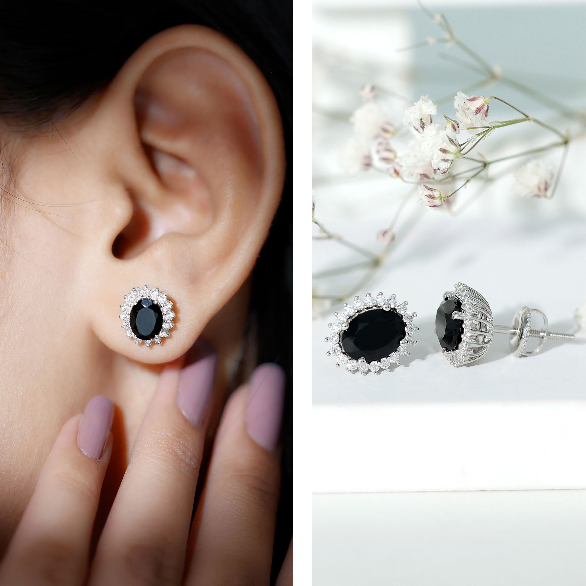 2 Carat Oval Cut Black Onyx Stud Earrings with Moissanite Halo AAA - Rosec Jewels