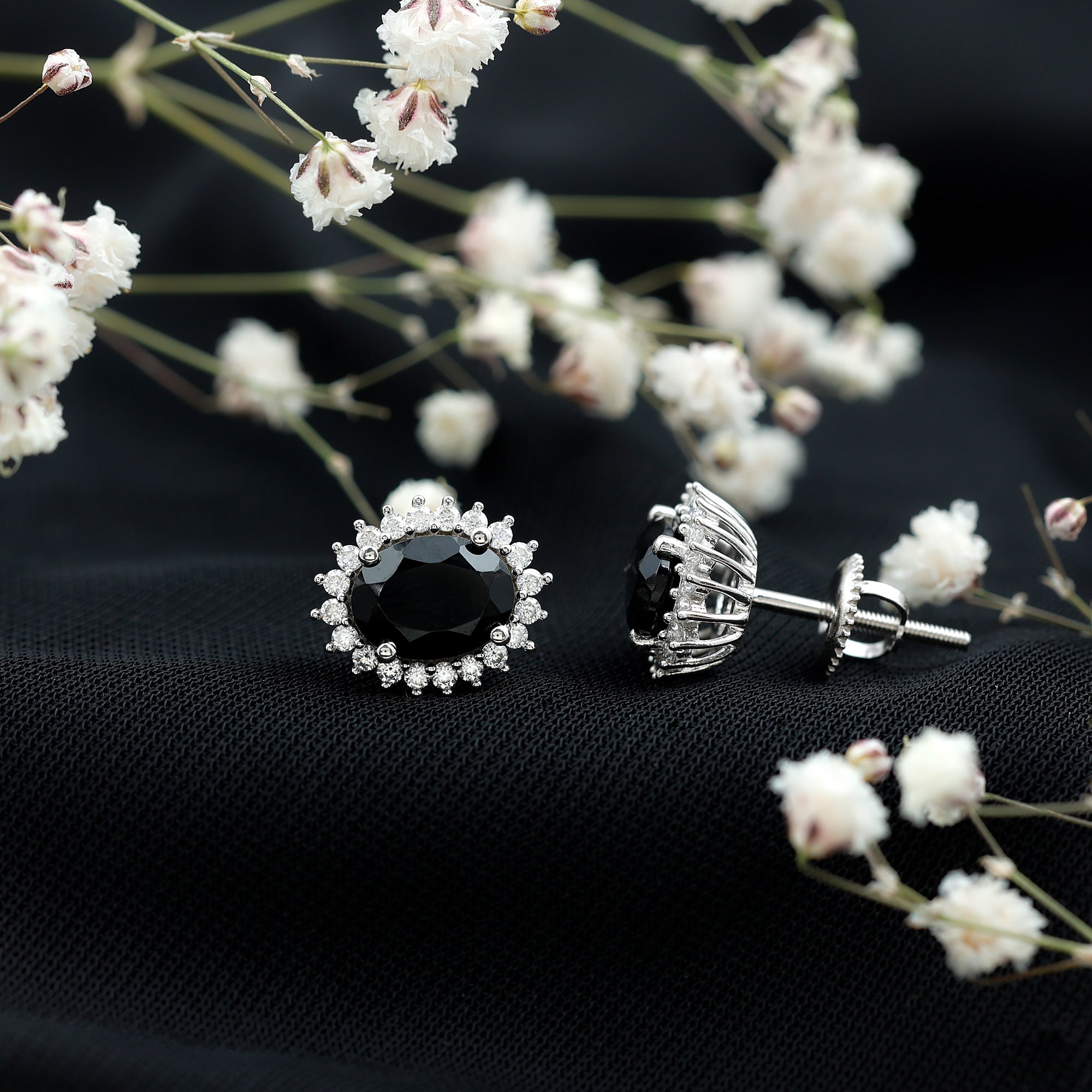 2 Carat Oval Cut Black Onyx Stud Earrings with Moissanite Halo AAA - Rosec Jewels