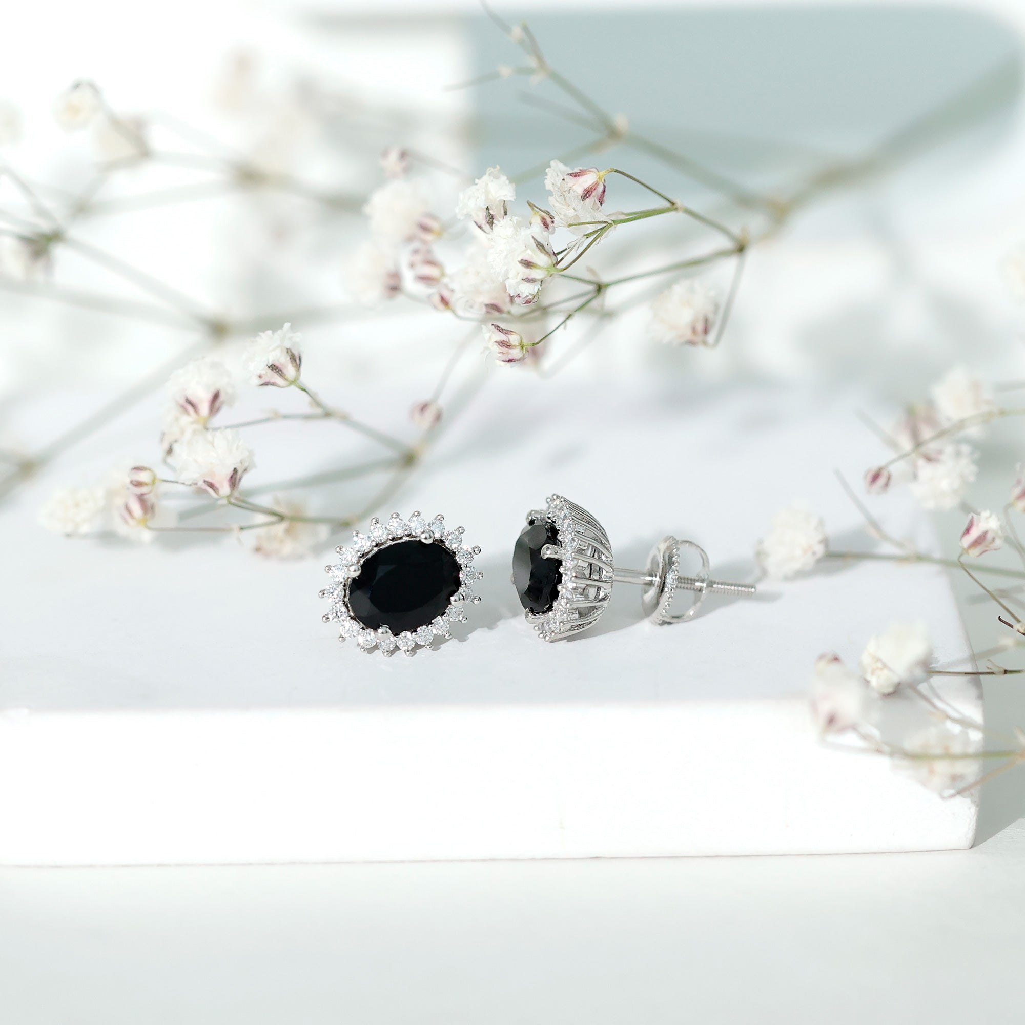 2 Carat Oval Cut Black Onyx Stud Earrings with Moissanite Halo AAA - Rosec Jewels